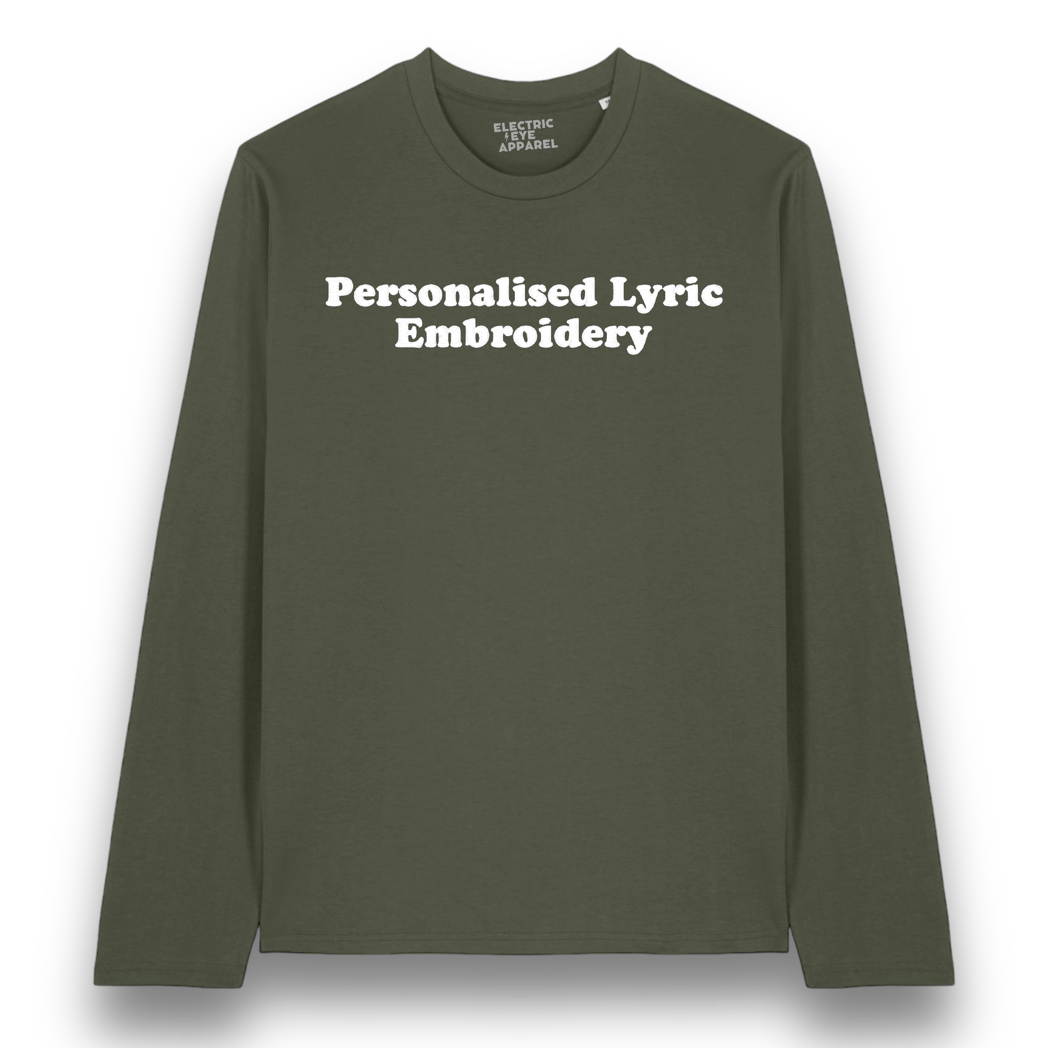 Personalised Lyric Centre Chest Embroidered premium organic iconic unisex 'Long Sleeve Creator 2.0' t-shirt - choose your own lyrics, font and thread colour