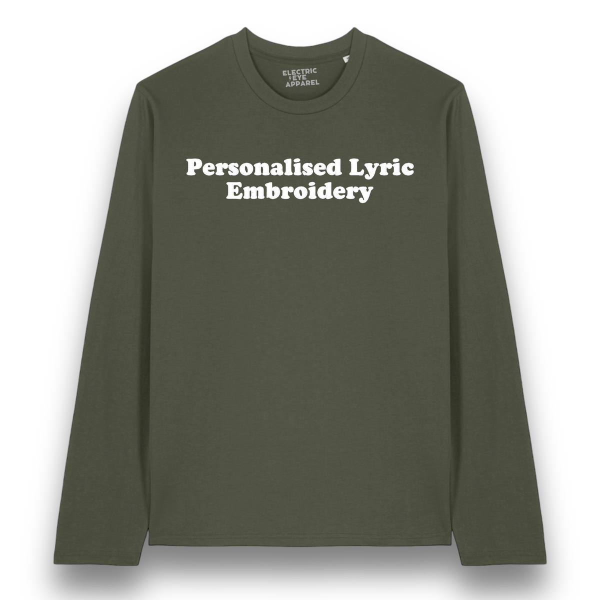 Women's Personalised Lyric Centre Chest Embroidered premium organic iconic Long Sleeve 'Creator 2.0' t-shirt - choose your own lyrics, font and thread colour