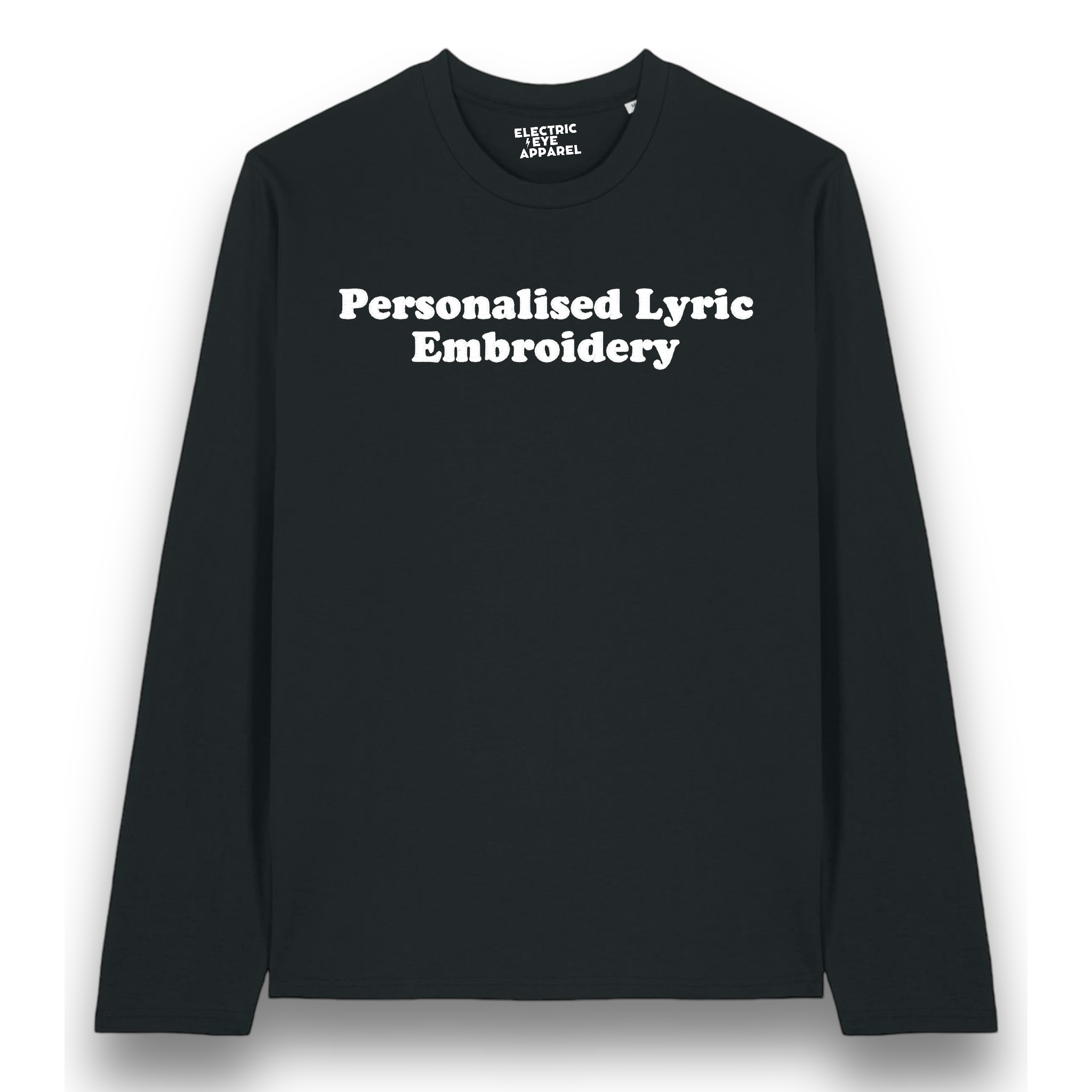 Personalised Lyric Centre Chest Embroidered premium organic iconic unisex 'Long Sleeve Creator 2.0' t-shirt - choose your own lyrics, font and thread colour