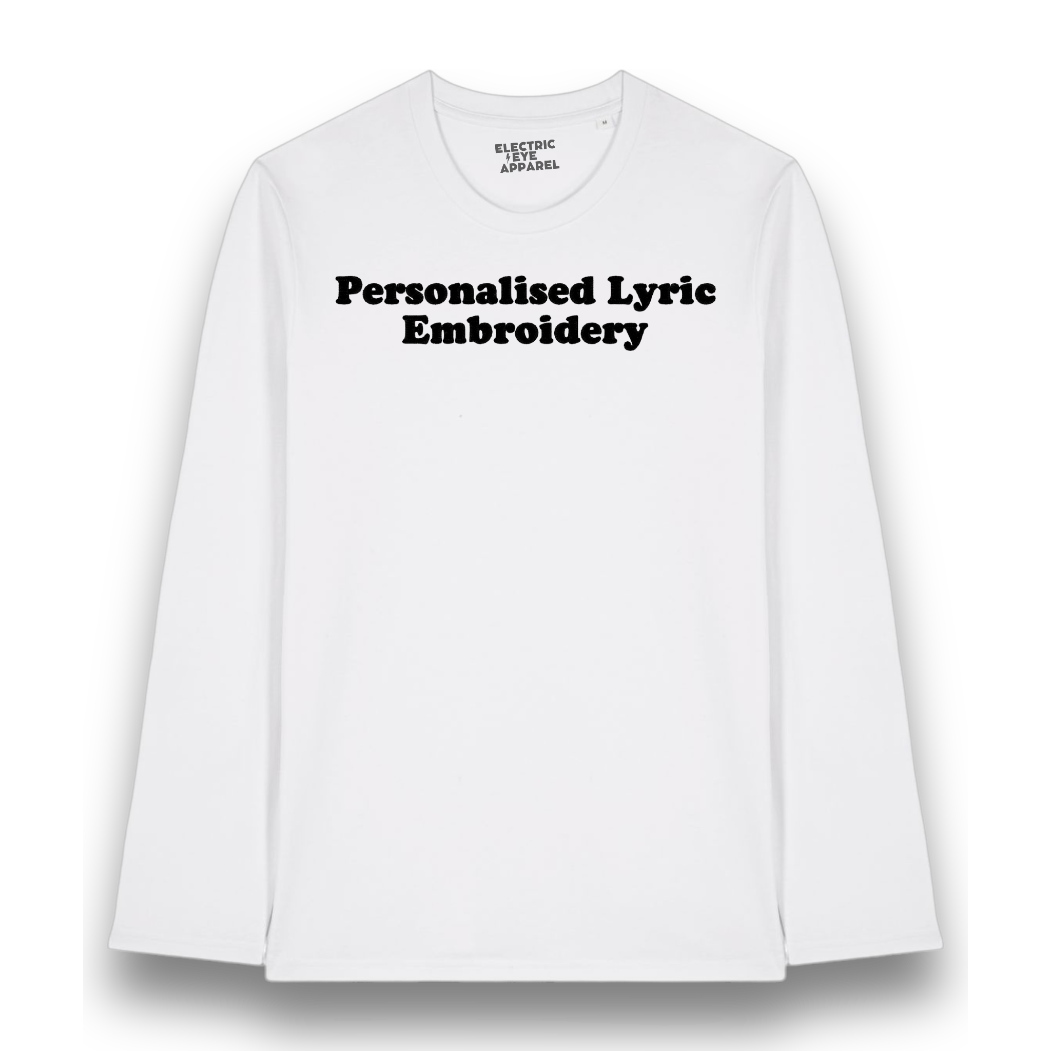 Personalised Lyric Centre Chest Embroidered premium organic iconic unisex 'Long Sleeve Creator 2.0' t-shirt - choose your own lyrics, font and thread colour