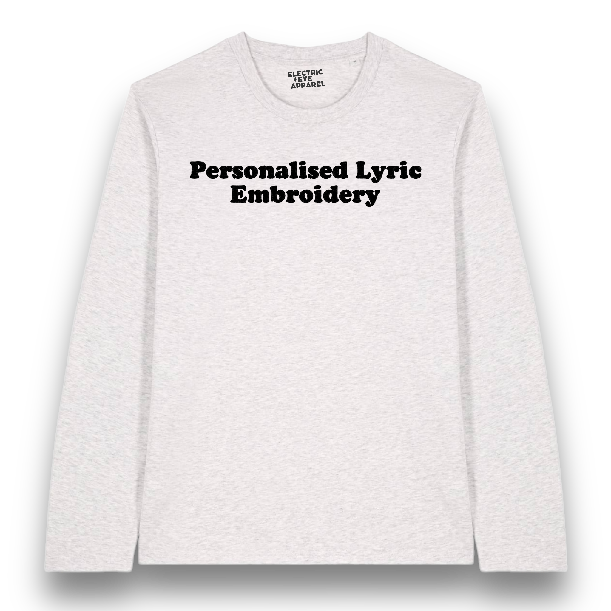 Personalised Lyric Centre Chest Embroidered premium organic iconic unisex 'Long Sleeve Creator 2.0' t-shirt - choose your own lyrics, font and thread colour