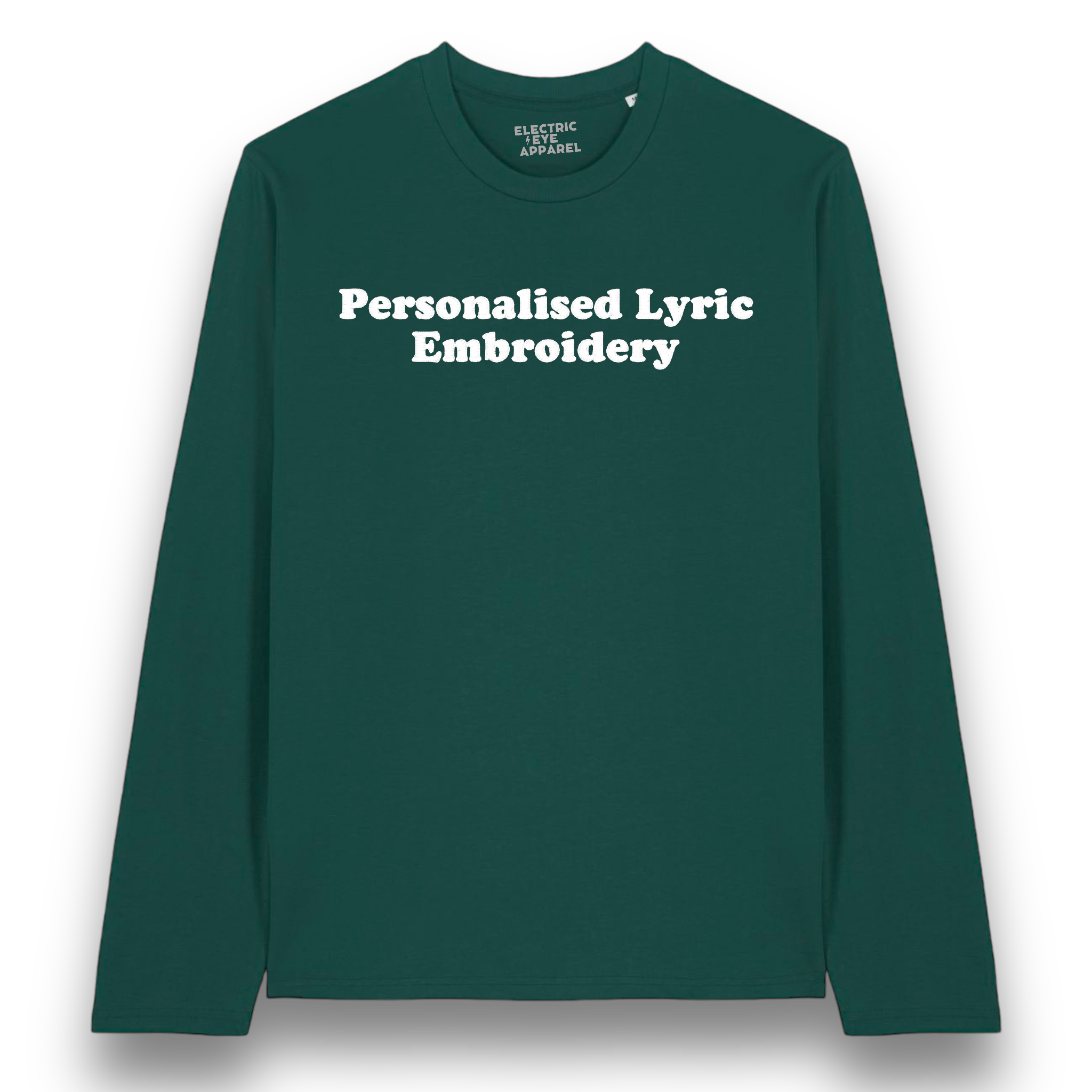 Personalised Lyric Centre Chest Embroidered premium organic iconic unisex 'Long Sleeve Creator 2.0' t-shirt - choose your own lyrics, font and thread colour