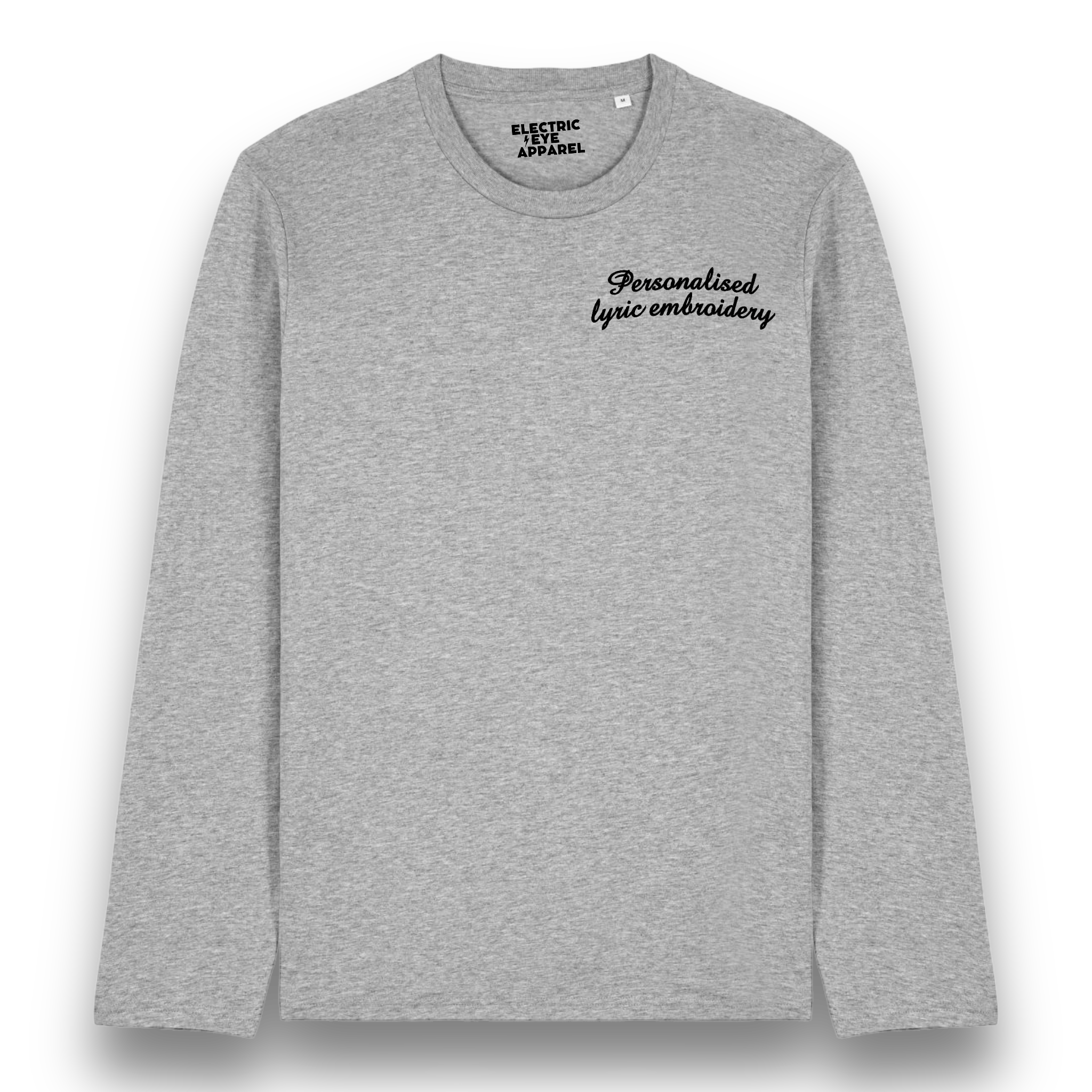 Personalised Lyric Left Chest Embroidered premium organic iconic unisex 'Long Sleeve Creator 2.0' t-shirt - choose your own lyrics, font and thread colour