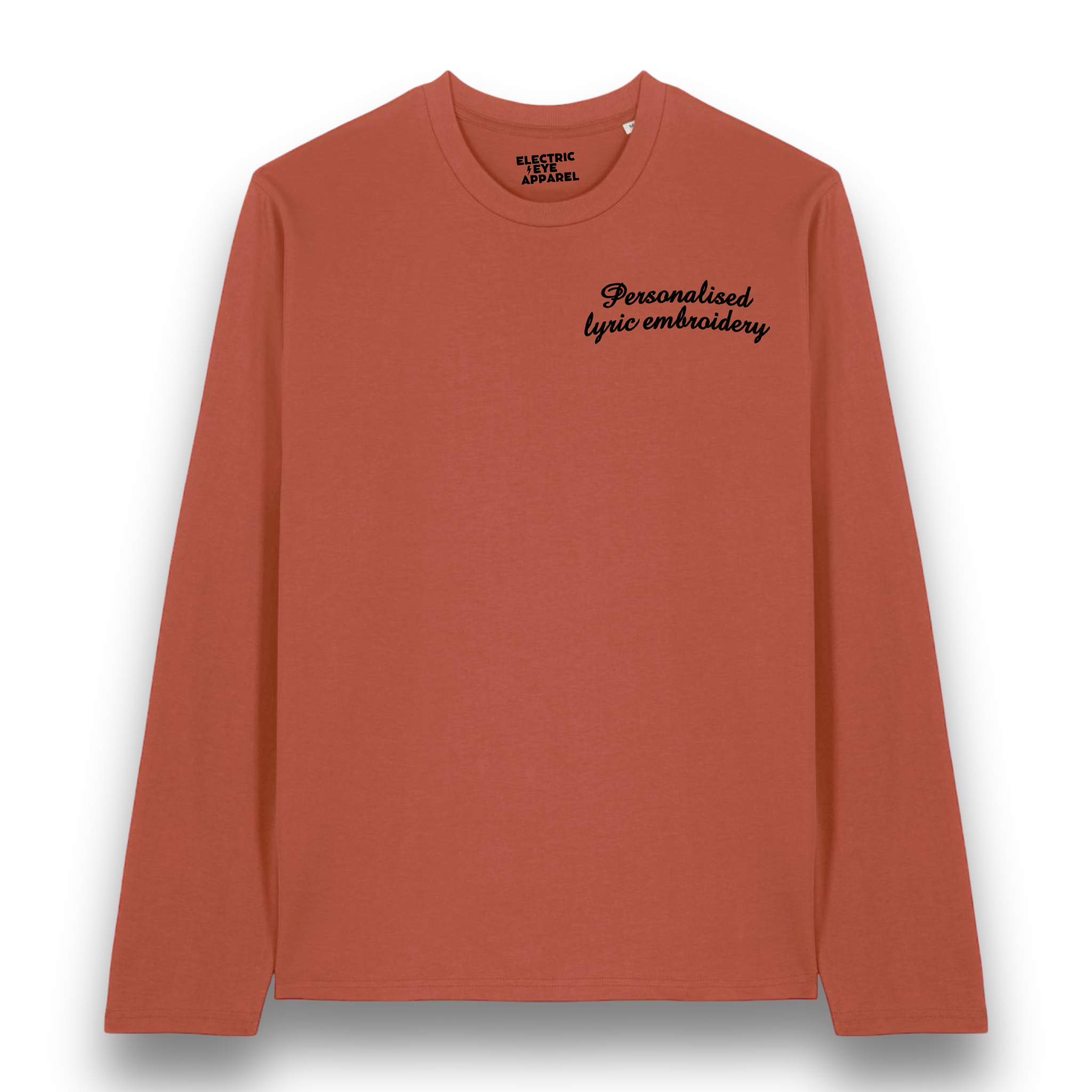 Personalised Lyric Left Chest Embroidered premium organic iconic unisex 'Long Sleeve Creator 2.0' t-shirt - choose your own lyrics, font and thread colour