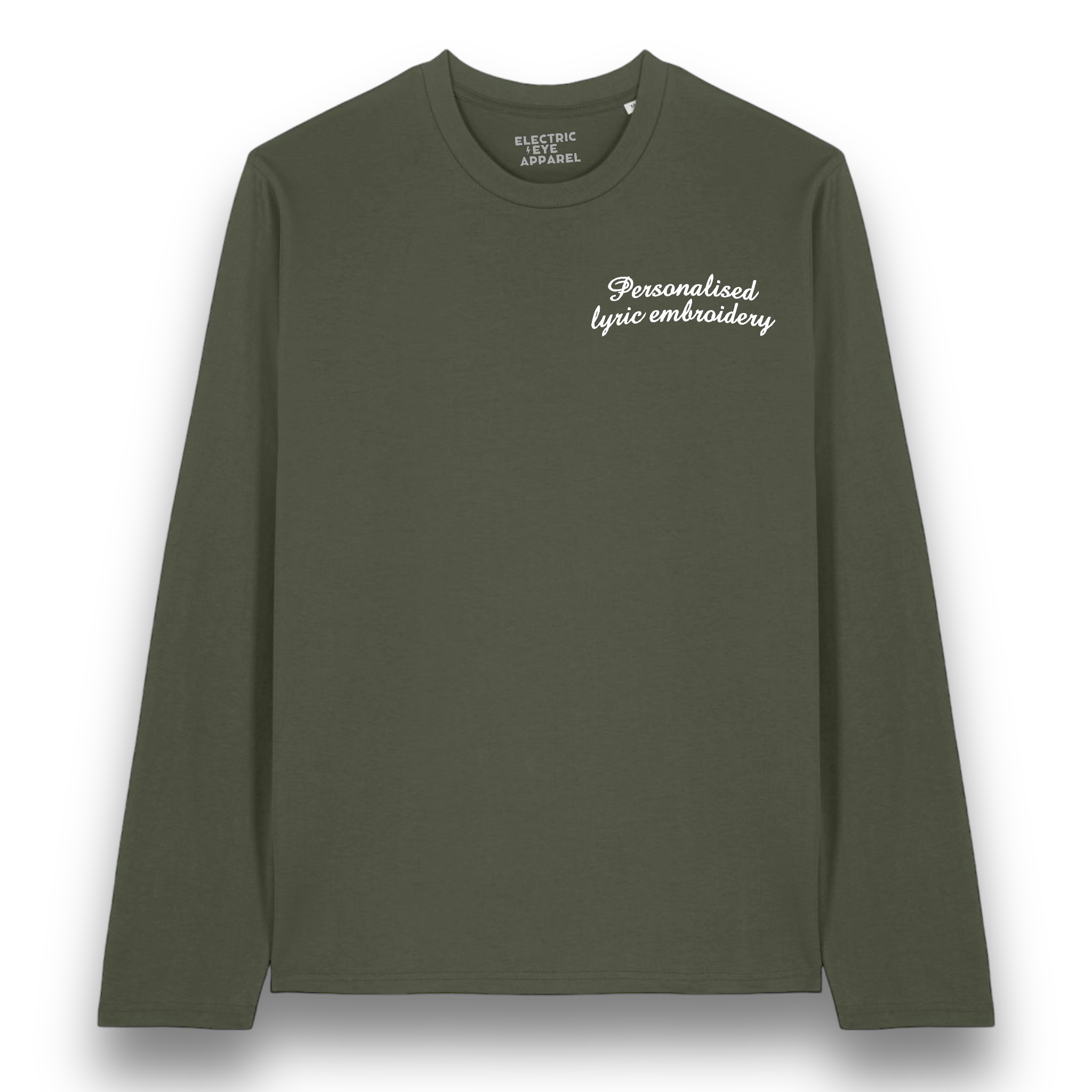 Personalised Lyric Left Chest Embroidered premium organic iconic unisex 'Long Sleeve Creator 2.0' t-shirt - choose your own lyrics, font and thread colour