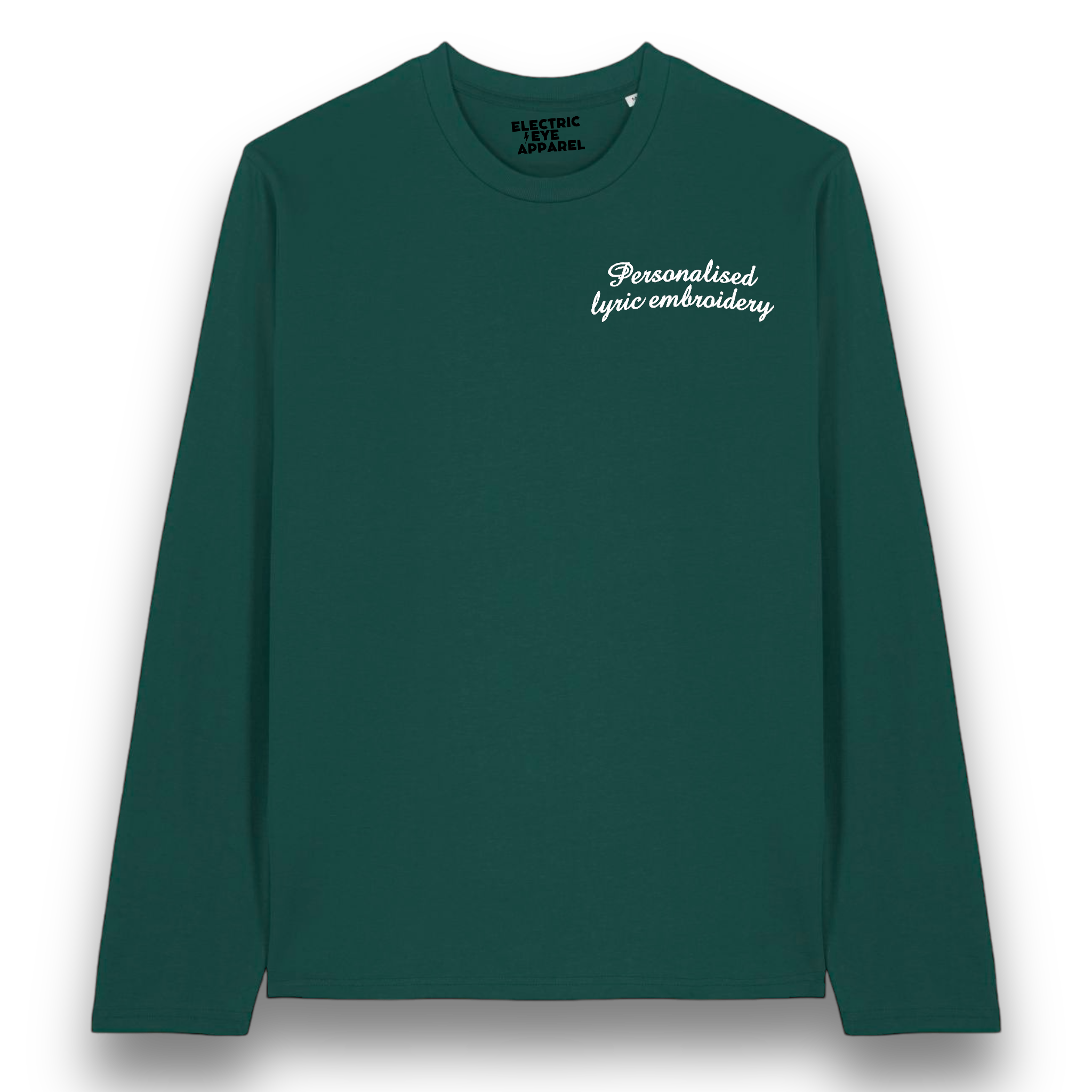 Personalised Lyric Left Chest Embroidered premium organic iconic unisex 'Long Sleeve Creator 2.0' t-shirt - choose your own lyrics, font and thread colour