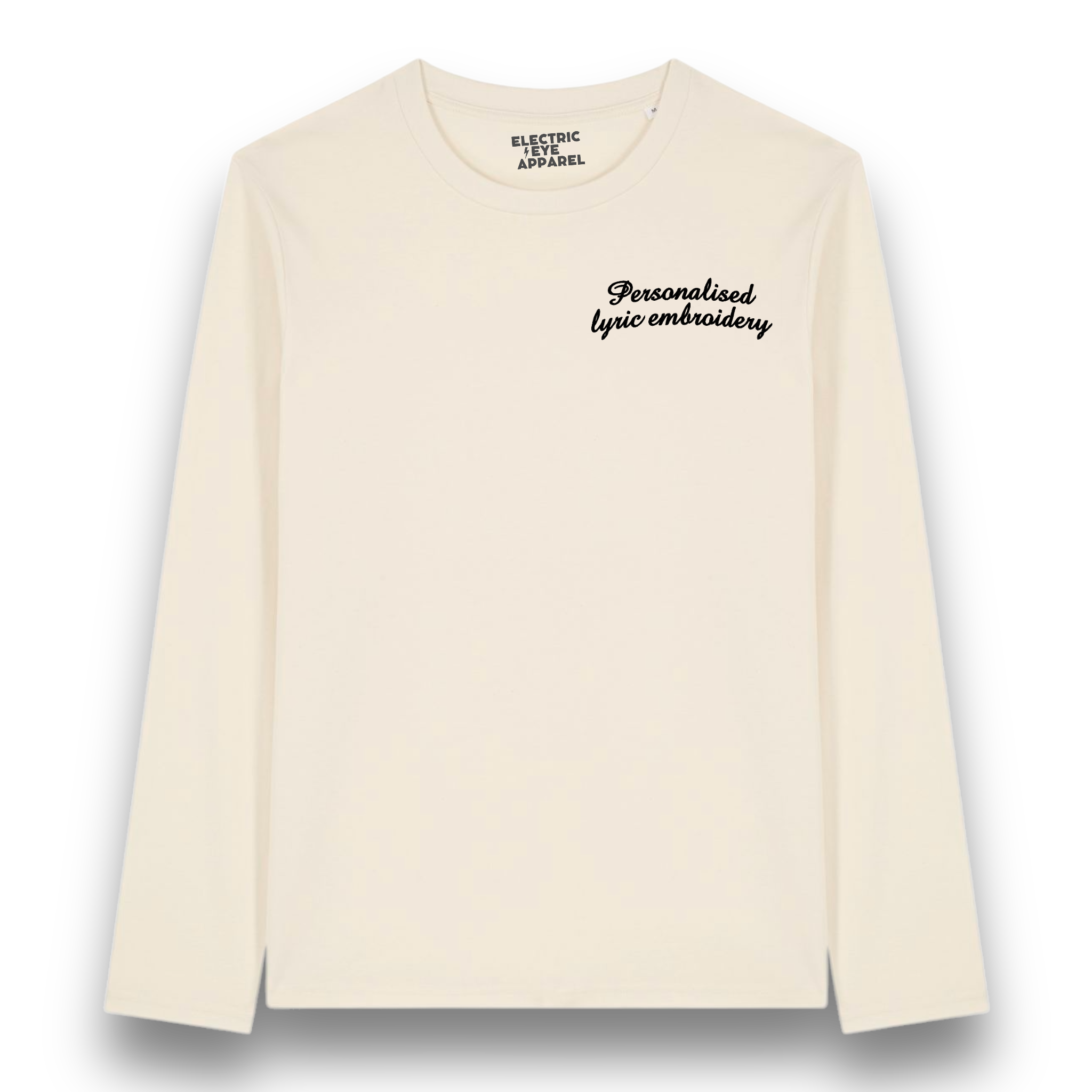 Personalised Lyric Left Chest Embroidered premium organic iconic unisex 'Long Sleeve Creator 2.0' t-shirt - choose your own lyrics, font and thread colour