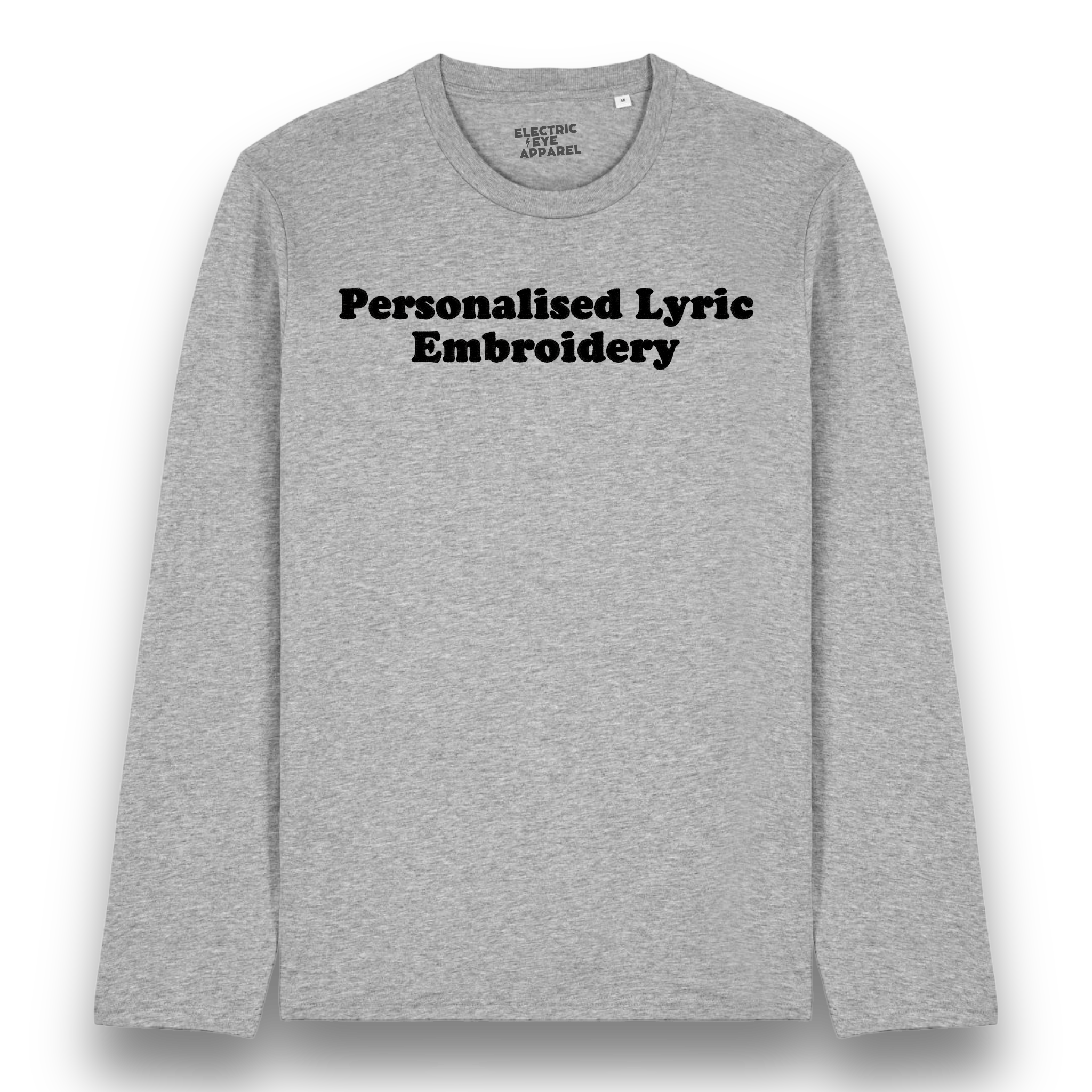 Personalised Lyric Centre Chest Embroidered premium organic iconic unisex 'Long Sleeve Creator 2.0' t-shirt - choose your own lyrics, font and thread colour