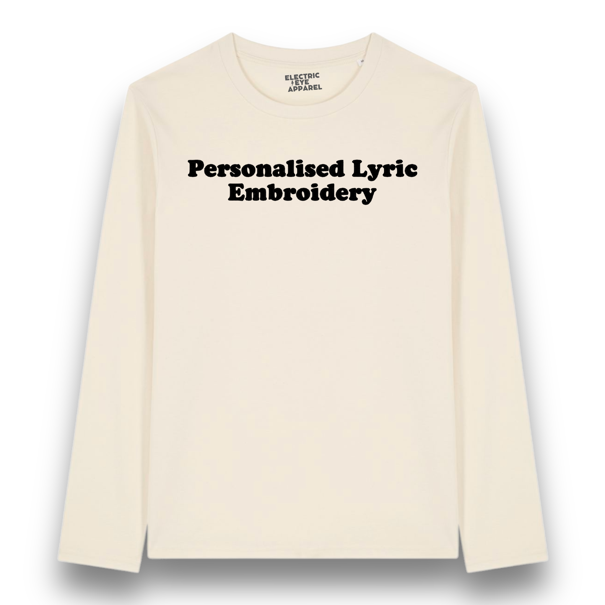 Personalised Lyric Centre Chest Embroidered premium organic iconic unisex 'Long Sleeve Creator 2.0' t-shirt - choose your own lyrics, font and thread colour