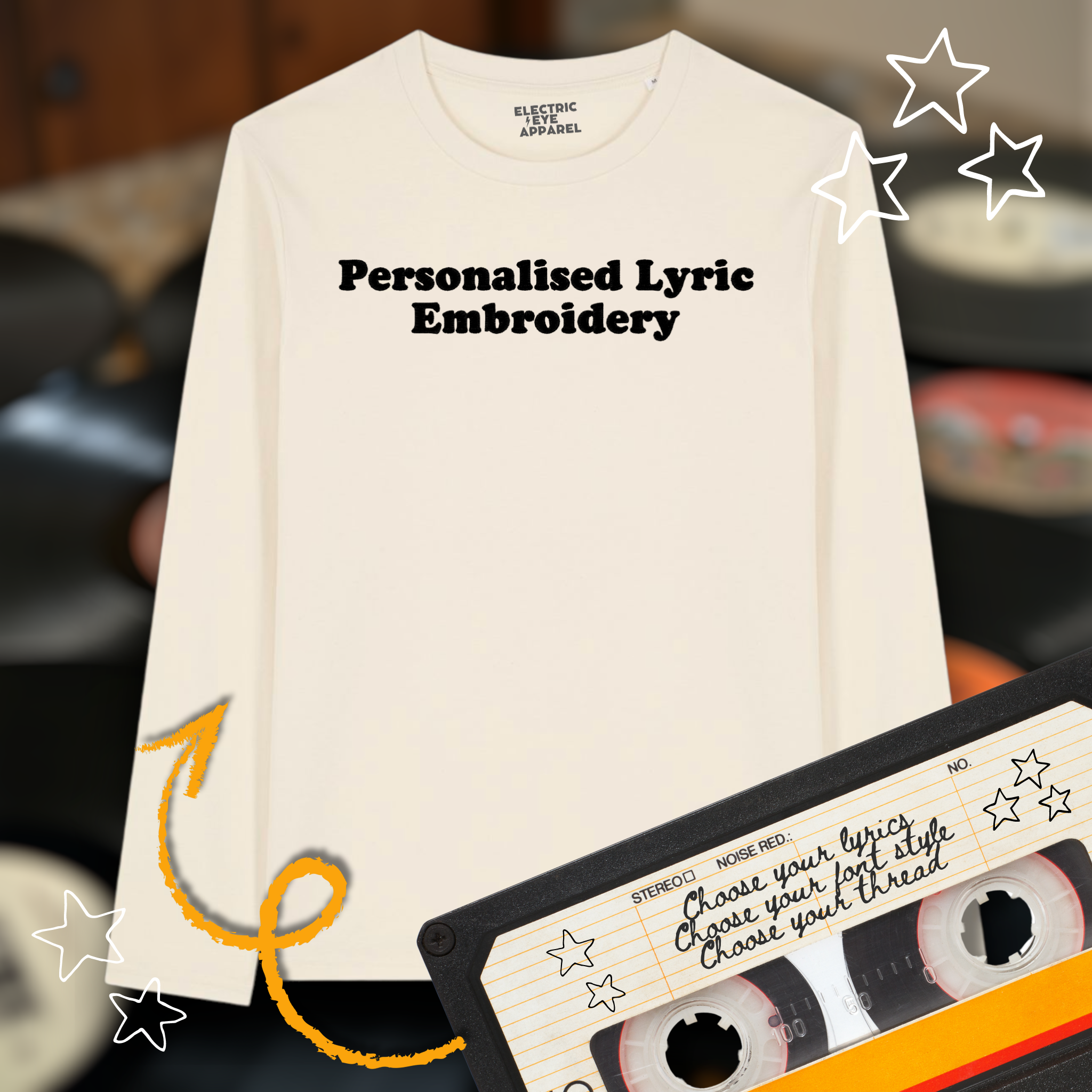 Personalised Lyric Centre Chest Embroidered premium organic iconic unisex 'Long Sleeve Creator 2.0' t-shirt - choose your own lyrics, font and thread colour