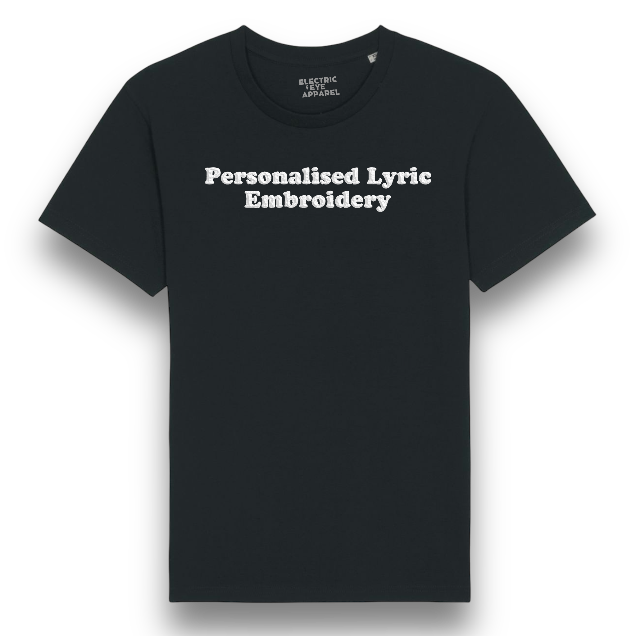 Personalised Lyric Centre Chest Embroidered premium organic iconic men's 'Rocker' t-shirt - choose your own lyrics, font and thread colour