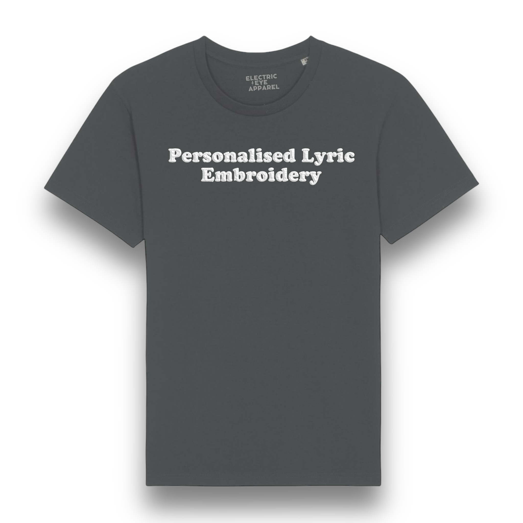 Personalised Lyric Centre Chest Embroidered premium organic iconic men's 'Rocker' t-shirt - choose your own lyrics, font and thread colour