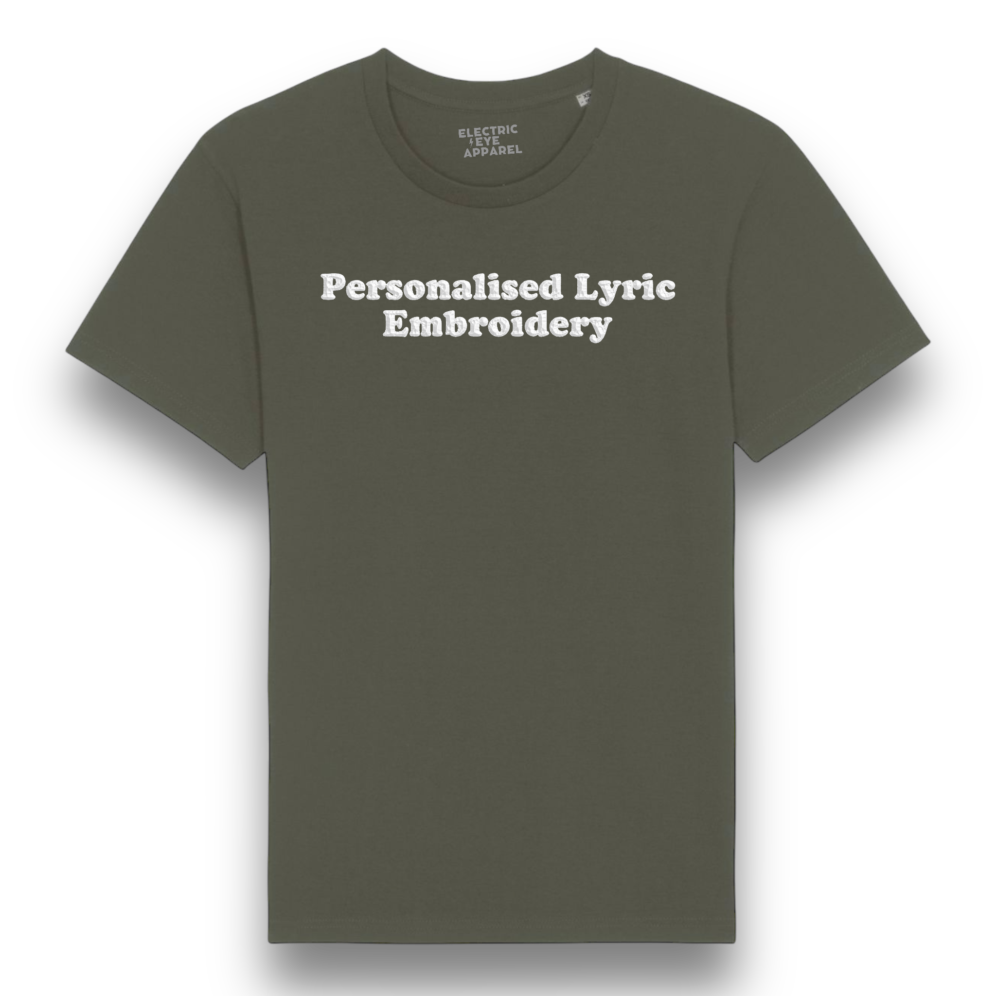 Personalised Lyric Centre Chest Embroidered premium organic iconic men's 'Rocker' t-shirt - choose your own lyrics, font and thread colour