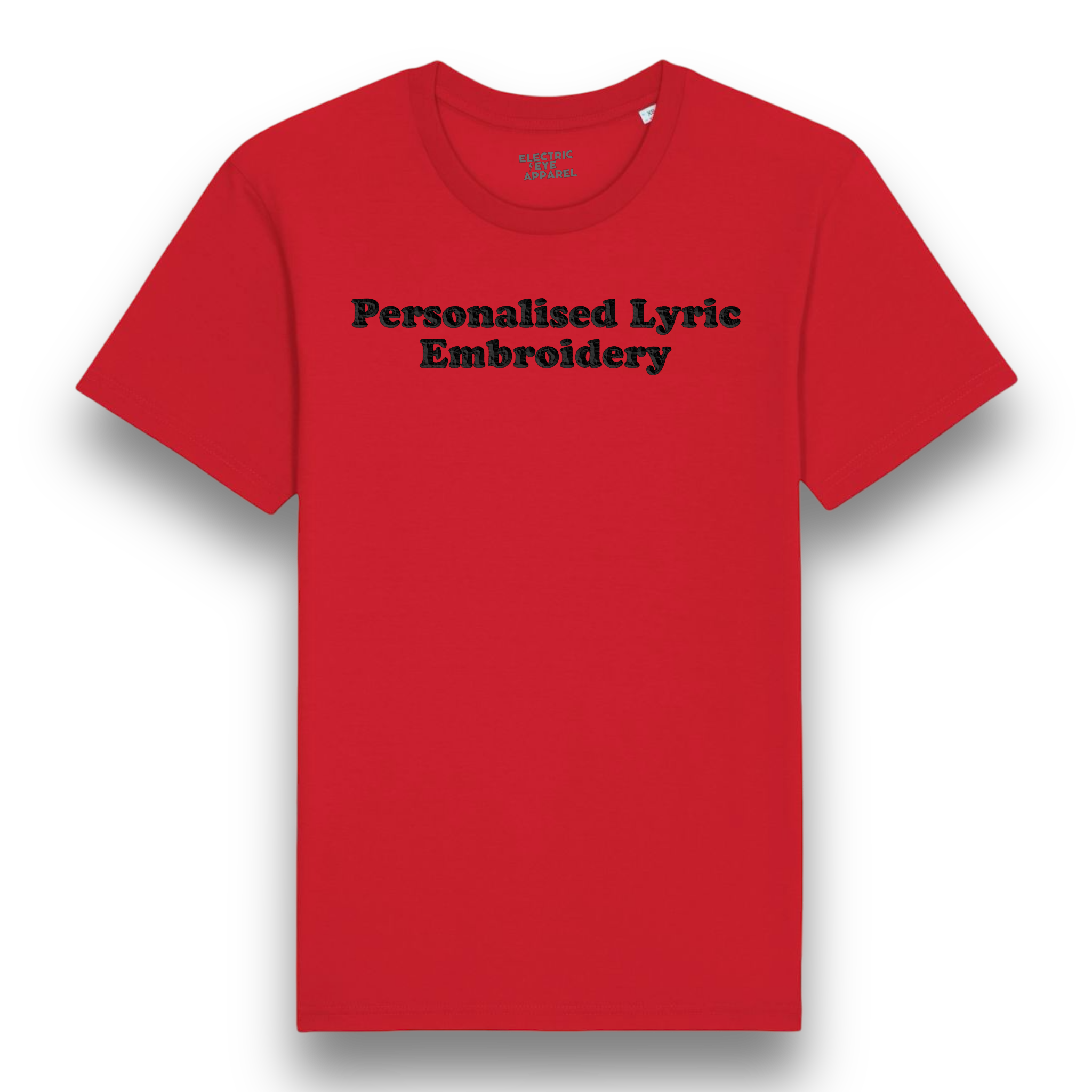 Personalised Lyric Centre Chest Embroidered premium organic iconic men's 'Rocker' t-shirt - choose your own lyrics, font and thread colour