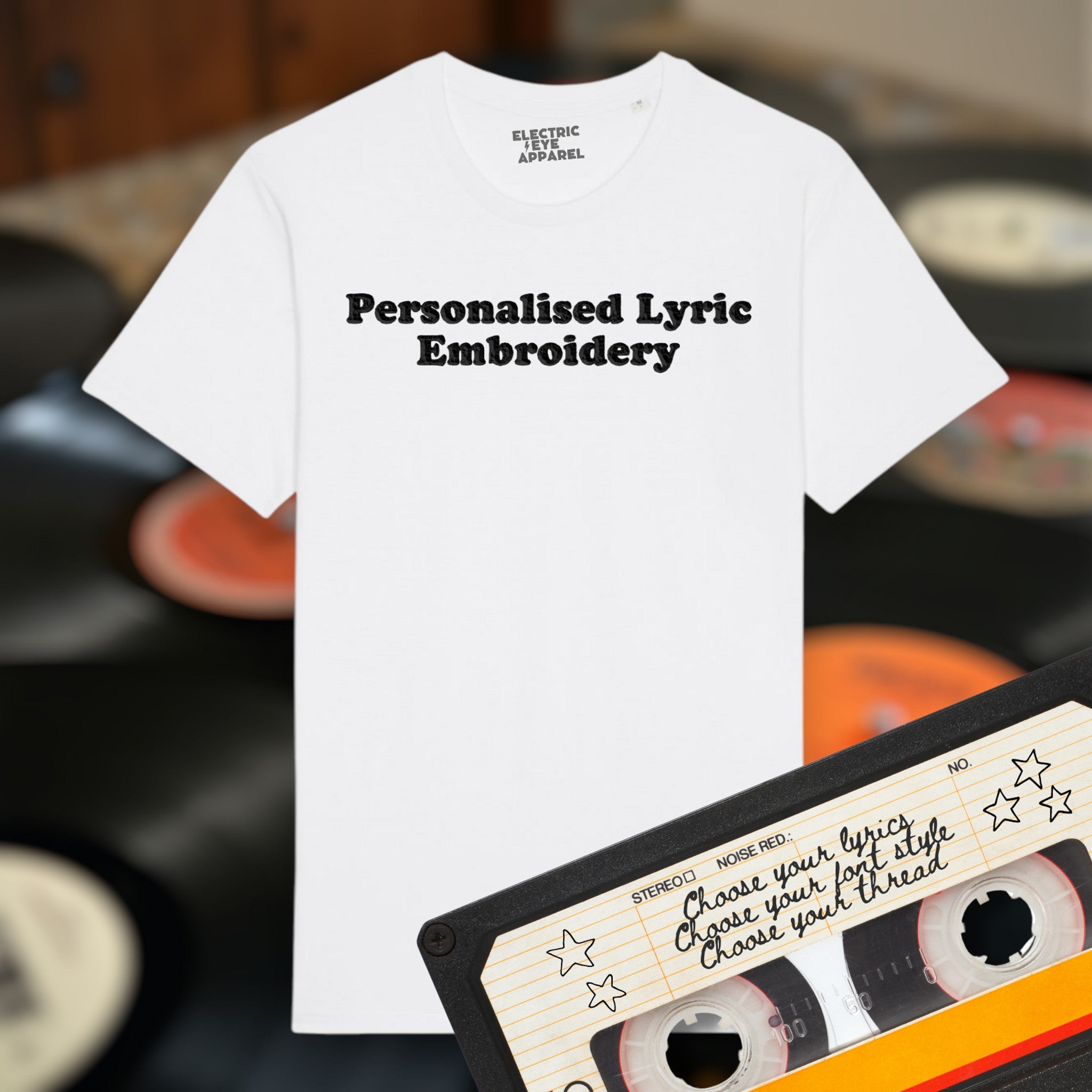 Personalised Lyric Centre Chest Embroidered premium organic iconic men's 'Rocker' t-shirt - choose your own lyrics, font and thread colour