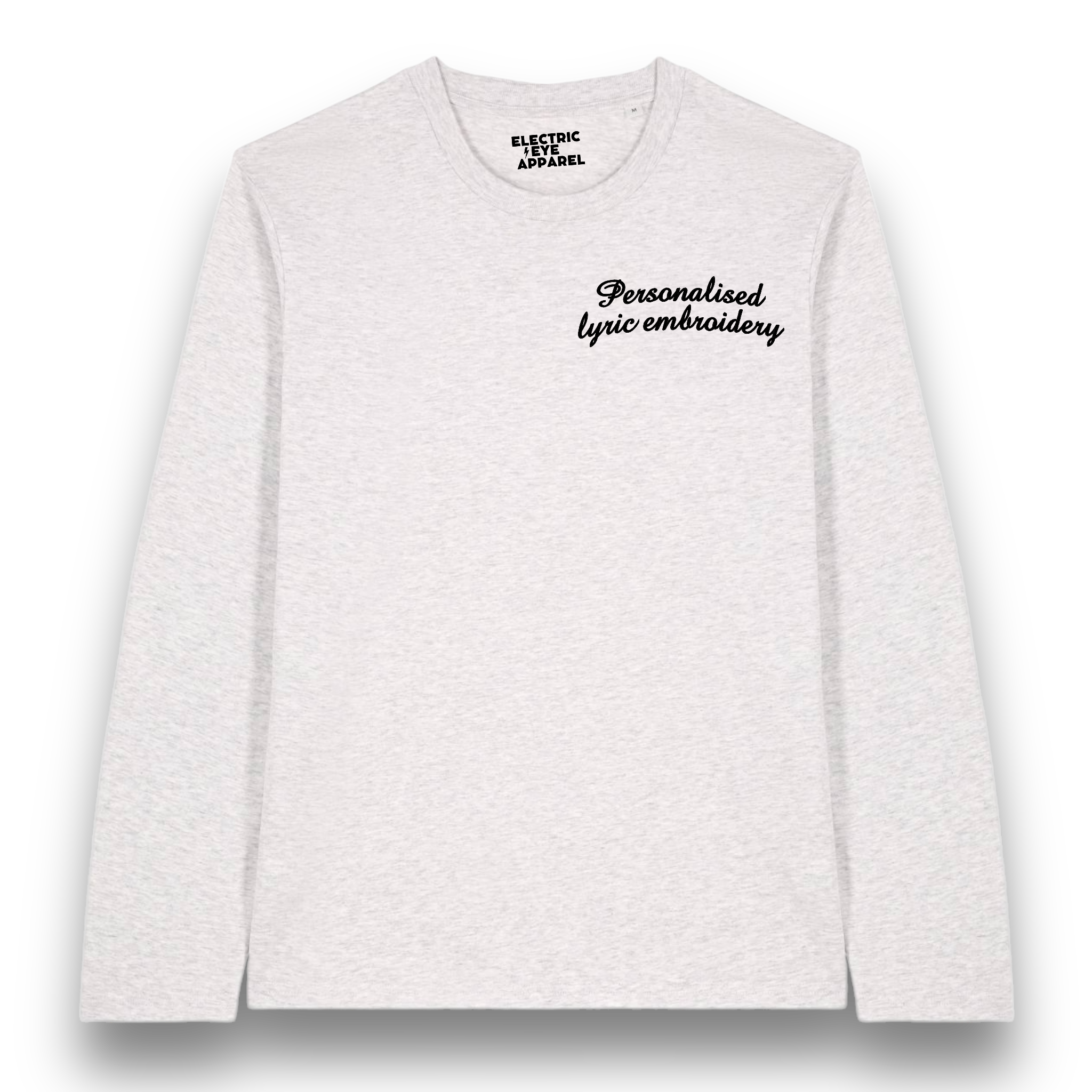 Personalised Lyric Left Chest Embroidered premium organic iconic unisex 'Long Sleeve Creator 2.0' t-shirt - choose your own lyrics, font and thread colour