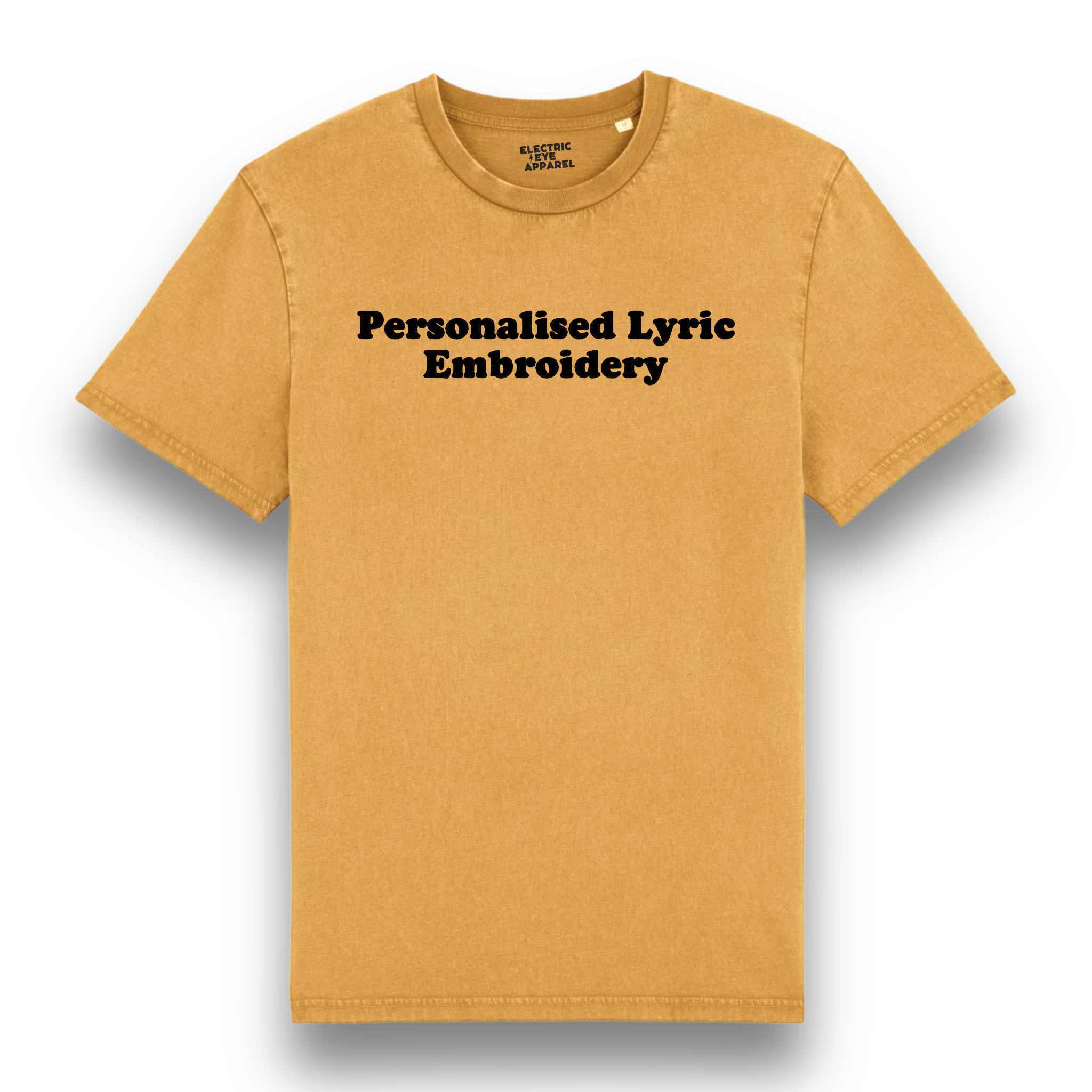 Personalised Lyric Centre Chest Embroidered premium organic unisex garment dyed 'Creator Vintage' t-shirt - choose your own lyrics, font and thread colour