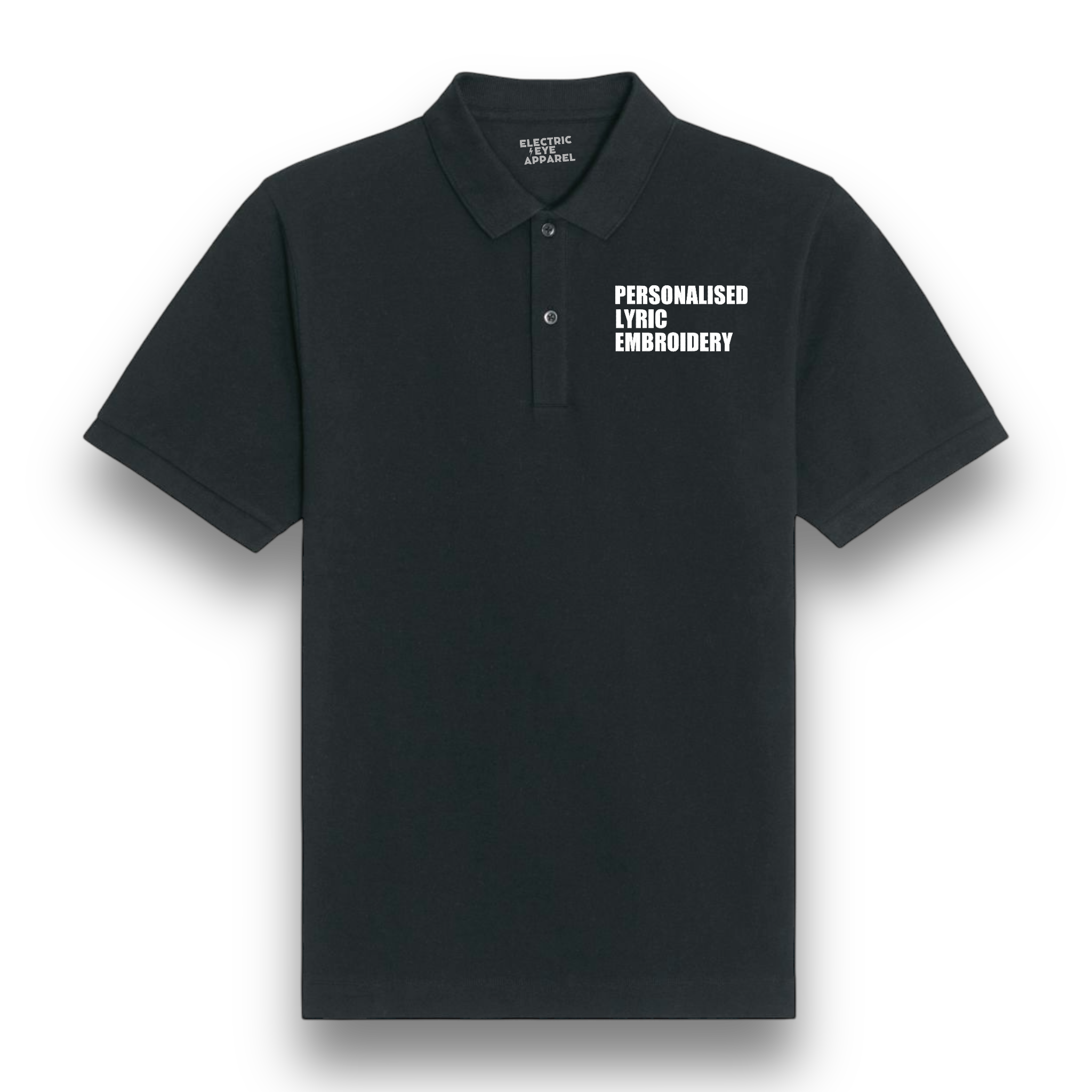 Personalised Lyric Left Chest Embroidered premium organic iconic men's classic 'Carnaby' polo t-shirt - choose your own lyrics, font and thread colour