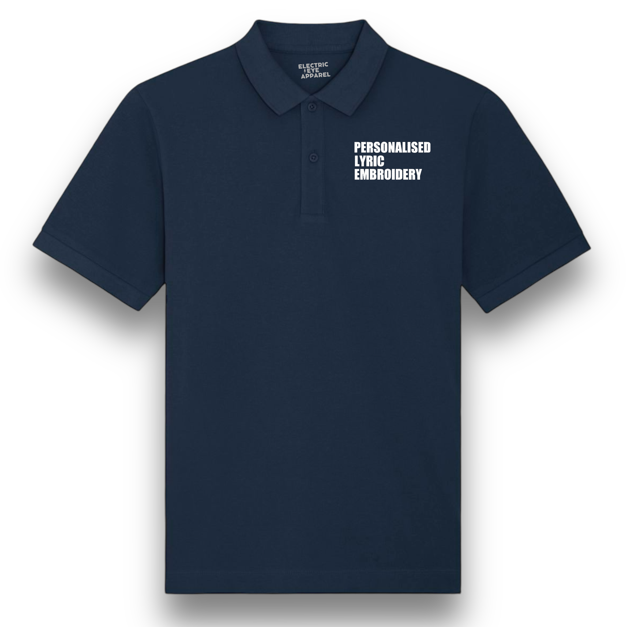 Personalised Lyric Left Chest Embroidered premium organic iconic men's classic 'Carnaby' polo t-shirt - choose your own lyrics, font and thread colour