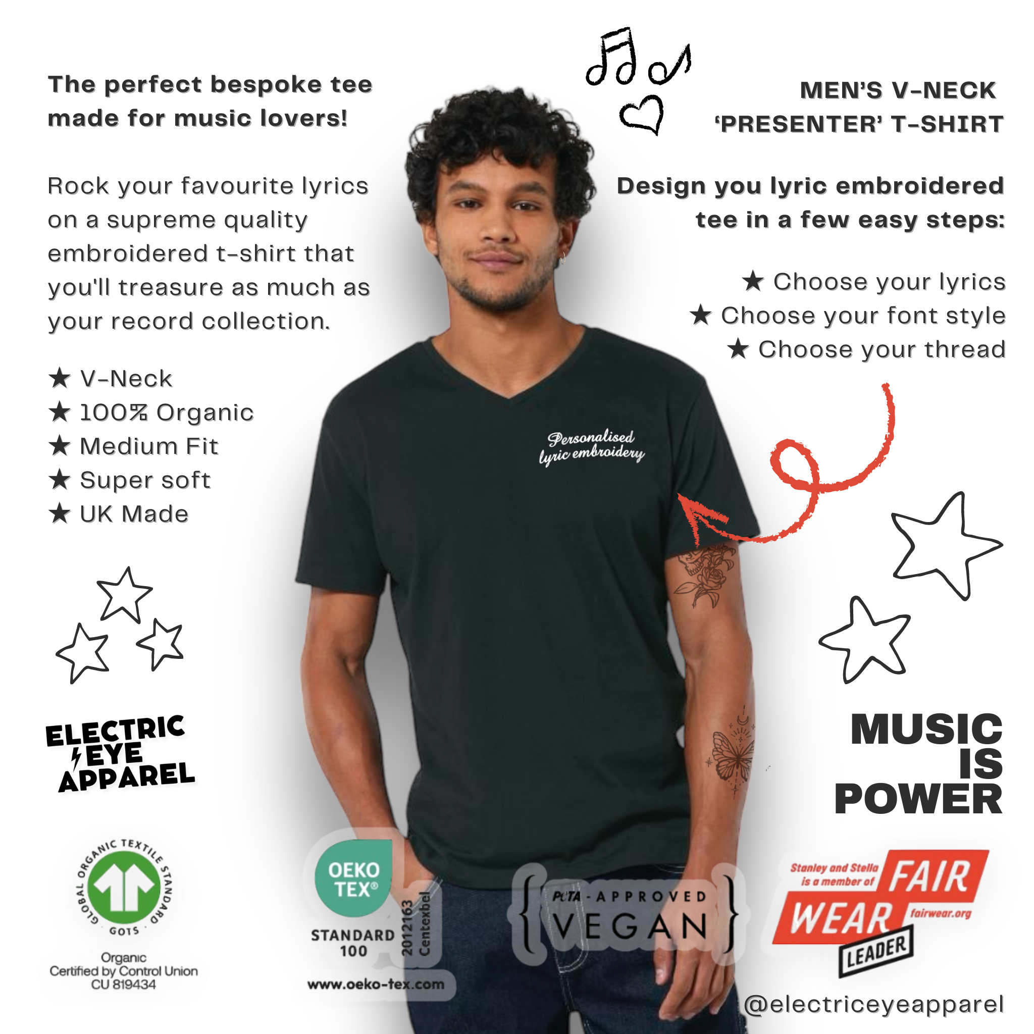 Personalised Lyric Left Chest Embroidered premium organic iconic men's v-neck 90s 'Presenter' t-shirt - choose your own lyrics, font and thread colour