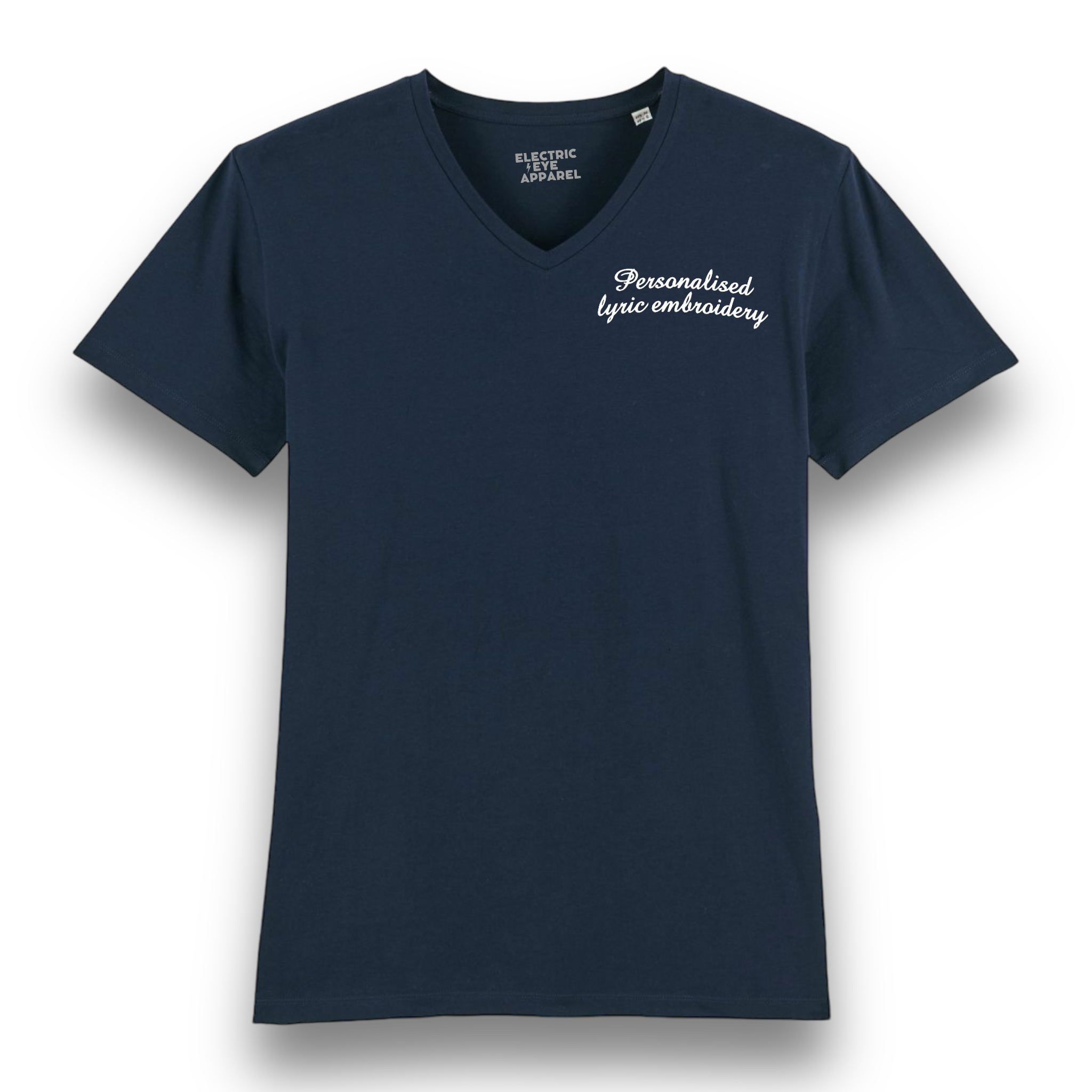 Personalised Lyric Left Chest Embroidered premium organic iconic men's v-neck 90s 'Presenter' t-shirt - choose your own lyrics, font and thread colour