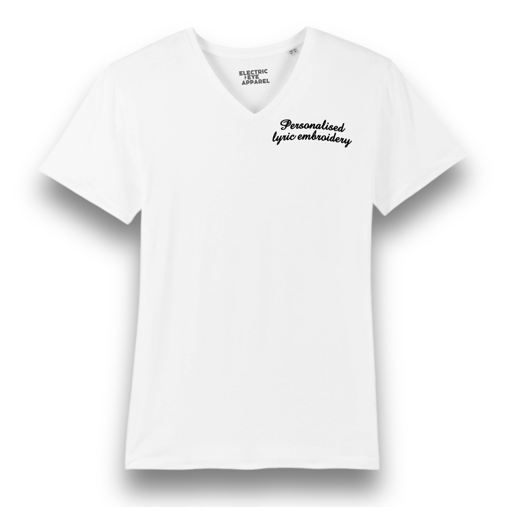 Personalised Lyric Left Chest Embroidered premium organic iconic men's v-neck 90s 'Presenter' t-shirt - choose your own lyrics, font and thread colour