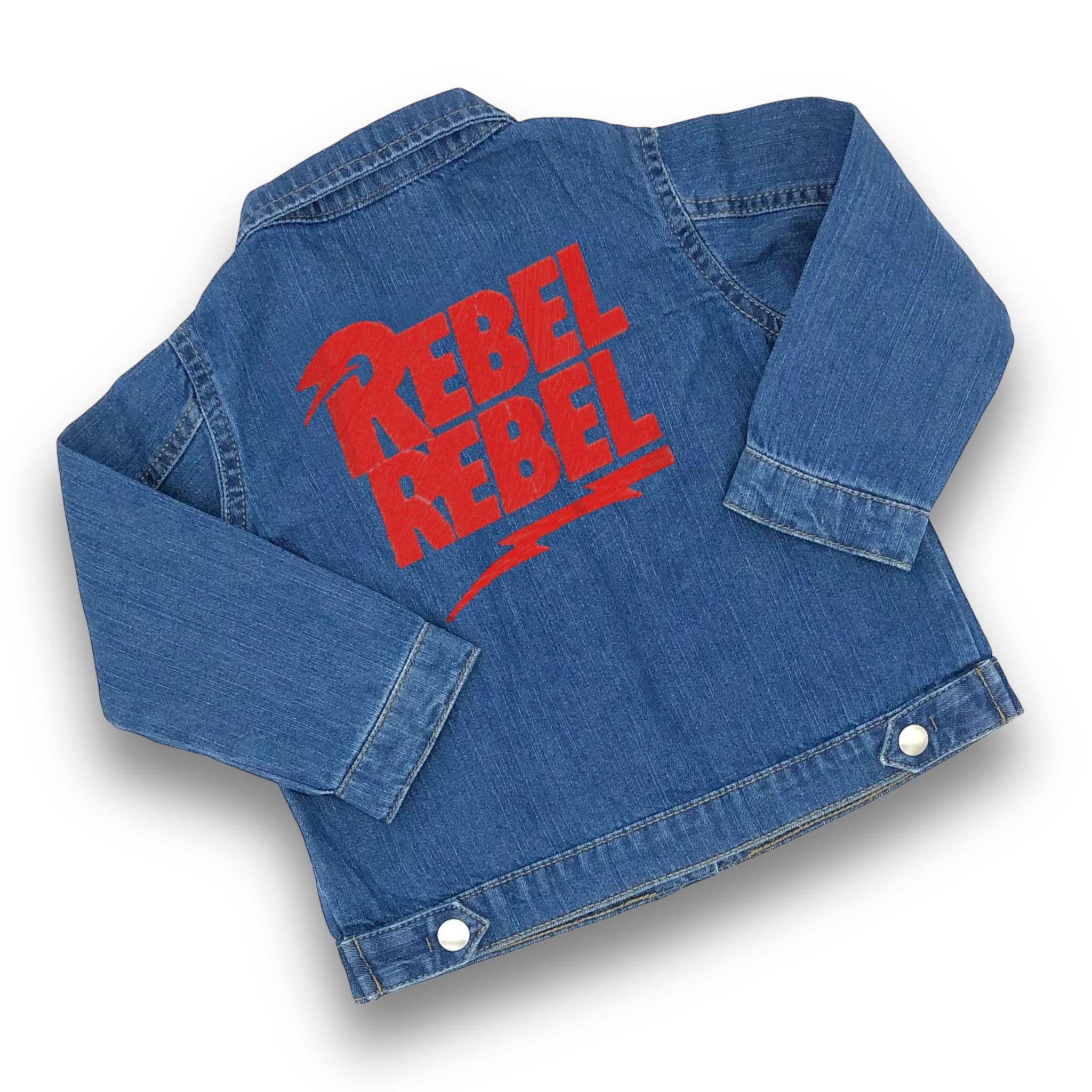 'REBEL REBEL' bolt embroidered 100% organic cotton 'Baby Rocks' denim jacket - inspired by David Bowie