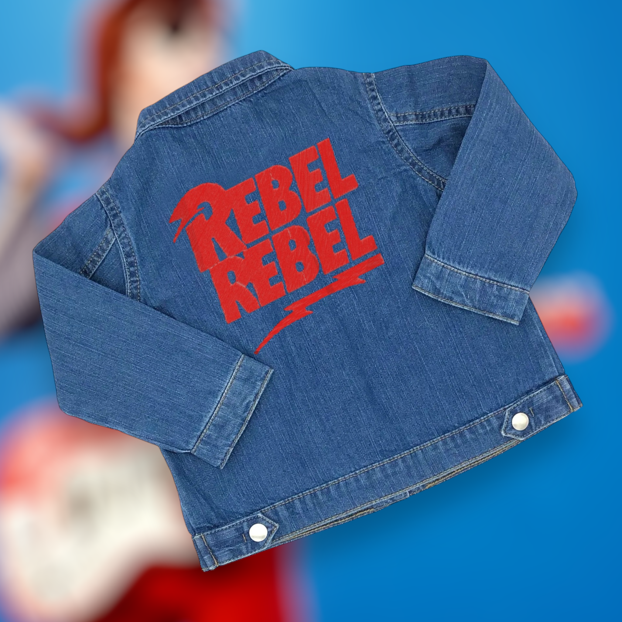 'REBEL REBEL' bolt embroidered 100% organic cotton 'Baby Rocks' denim jacket - inspired by David Bowie