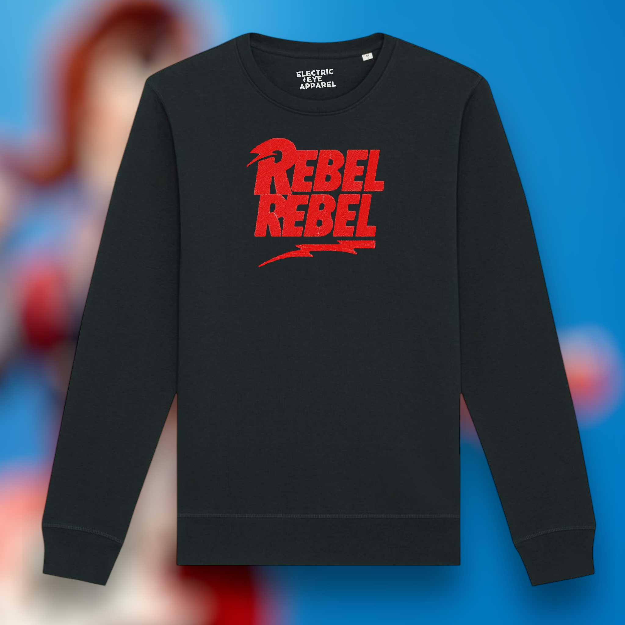 'REBEL REBEL' bolt embroidered premium organic cotton unisex sweatshirt - inspired by David Bowie