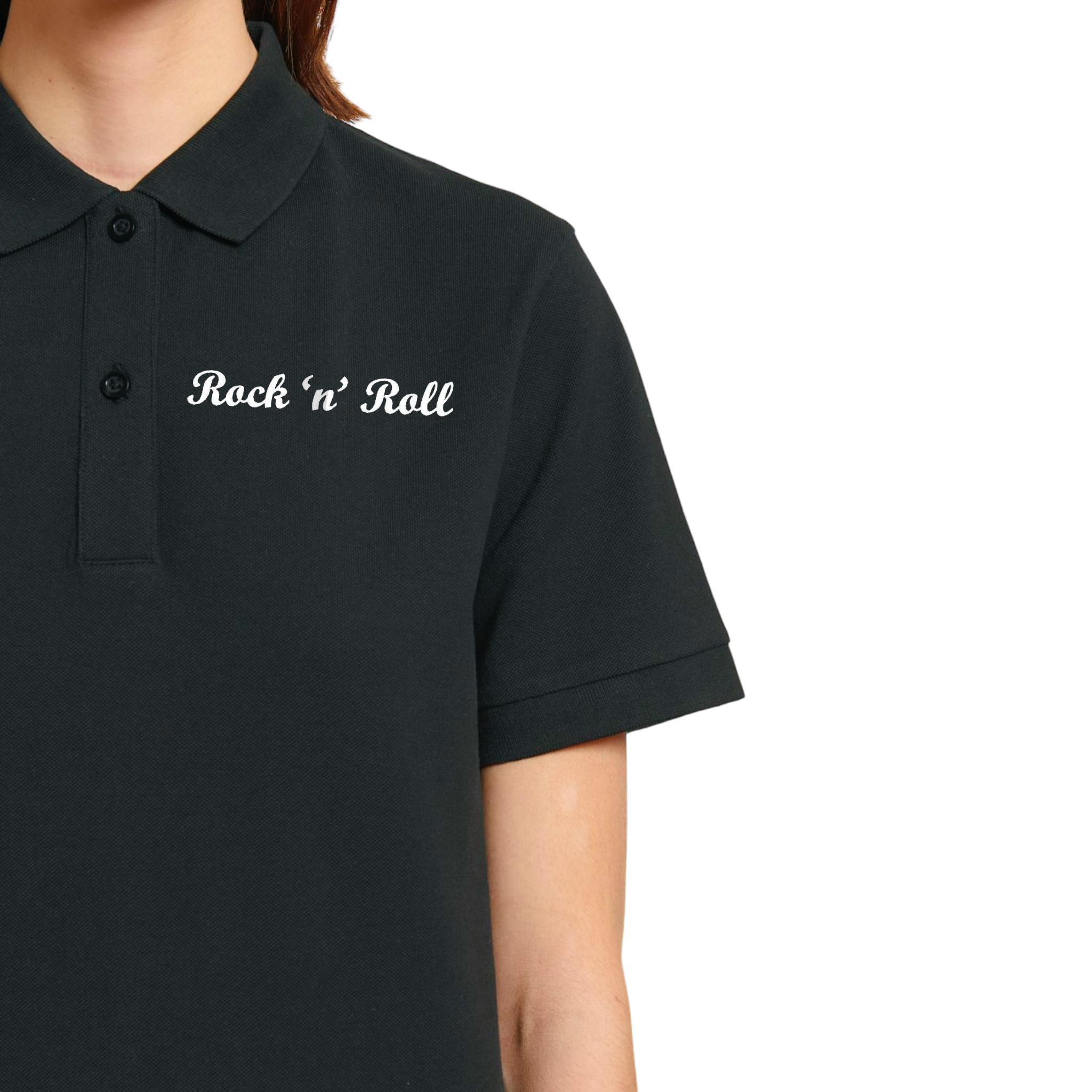 'ROCK 'N' ROLL' left chest embroidered premium organic unisex pique 'Stanley' polo