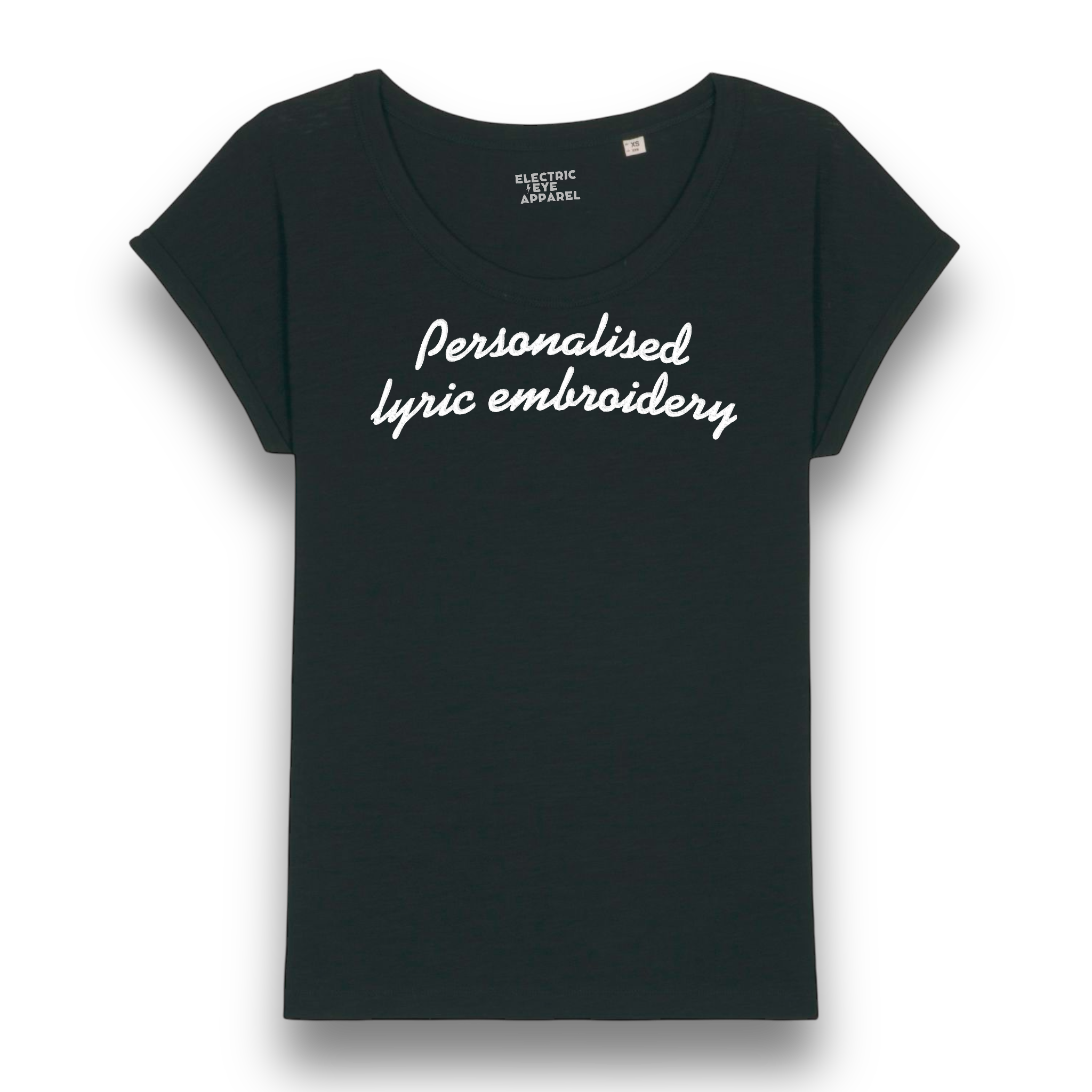 Personalised Lyric Centre Chest Embroidered premium organic women's slub rolled sleeve 'Rounders' t-shirt - choose your own lyrics, font and thread colour