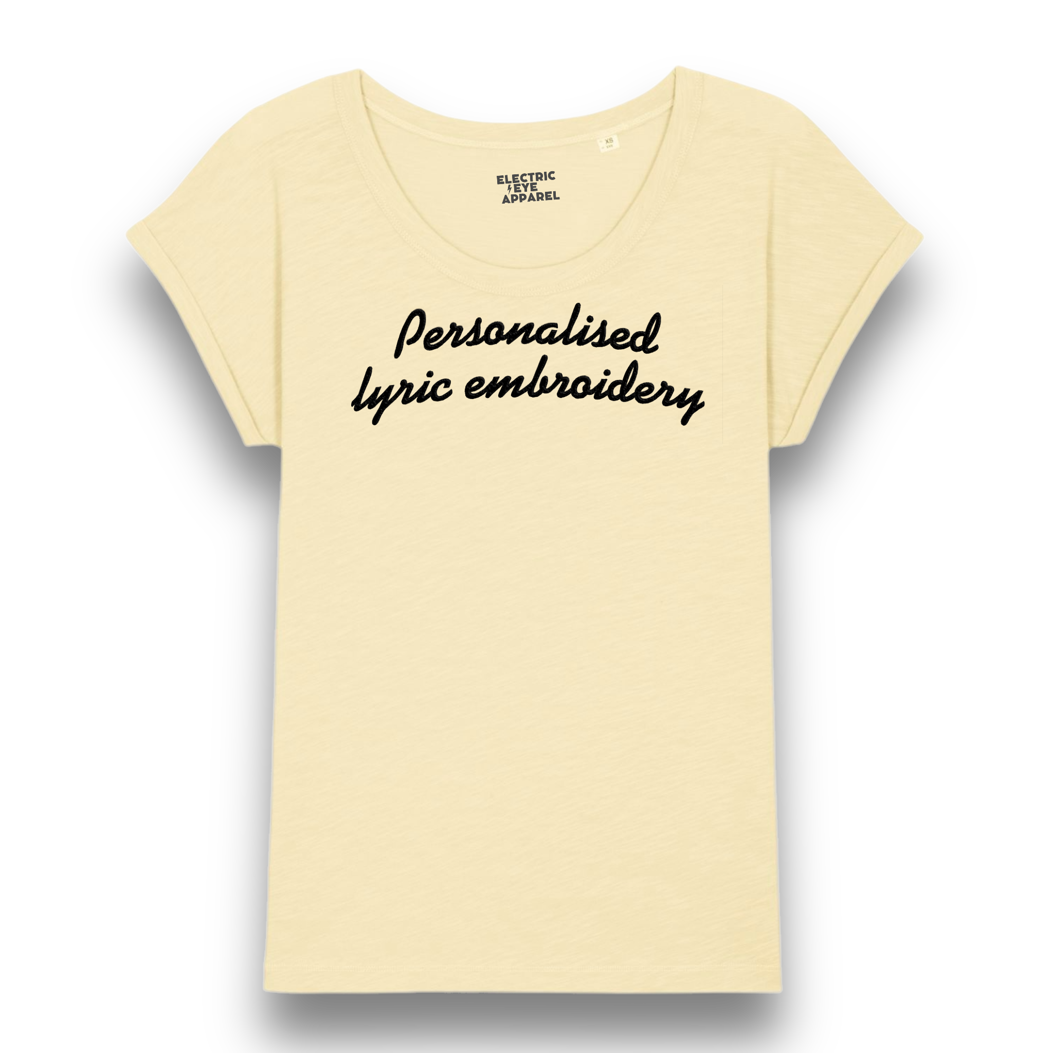 Personalised Lyric Centre Chest Embroidered premium organic women's slub rolled sleeve 'Rounders' t-shirt - choose your own lyrics, font and thread colour