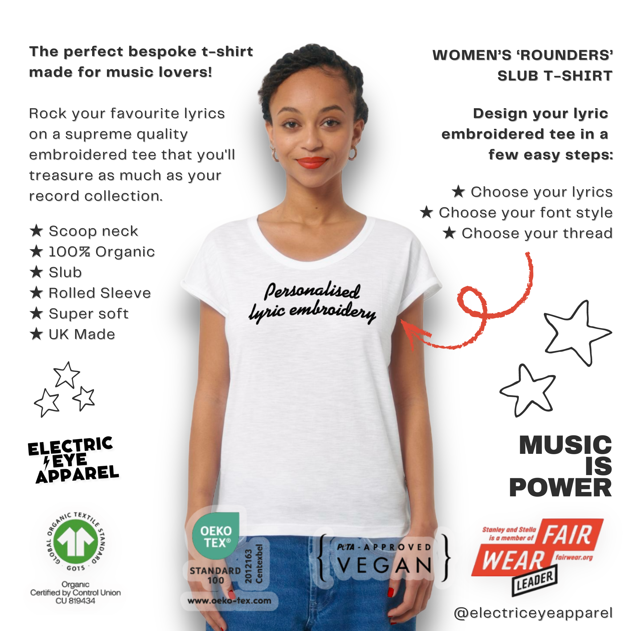 Personalised Lyric Centre Chest Embroidered premium organic women's slub rolled sleeve 'Rounders' t-shirt - choose your own lyrics, font and thread colour