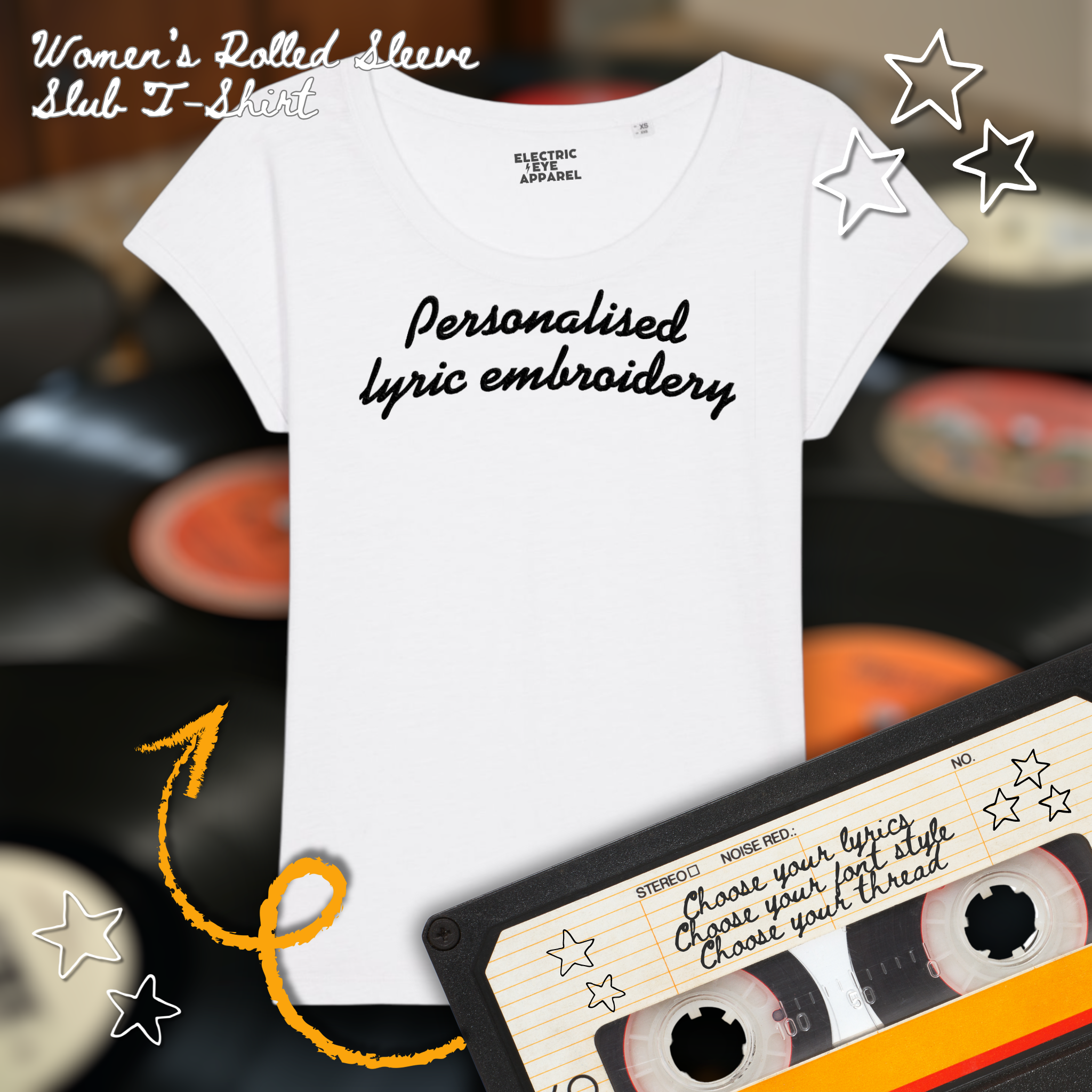 Personalised Lyric Centre Chest Embroidered premium organic women's slub rolled sleeve 'Rounders' t-shirt - choose your own lyrics, font and thread colour