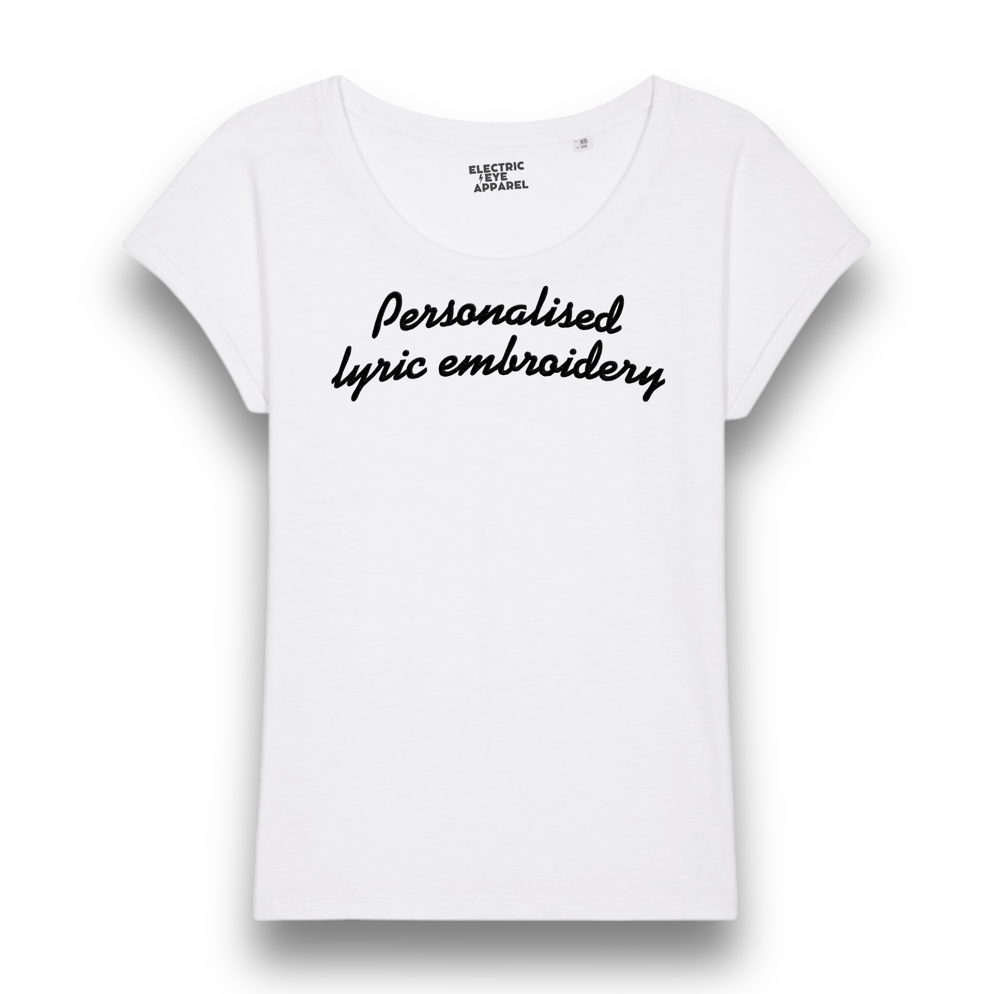 Personalised Lyric Centre Chest Embroidered premium organic women's slub rolled sleeve 'Rounders' t-shirt - choose your own lyrics, font and thread colour