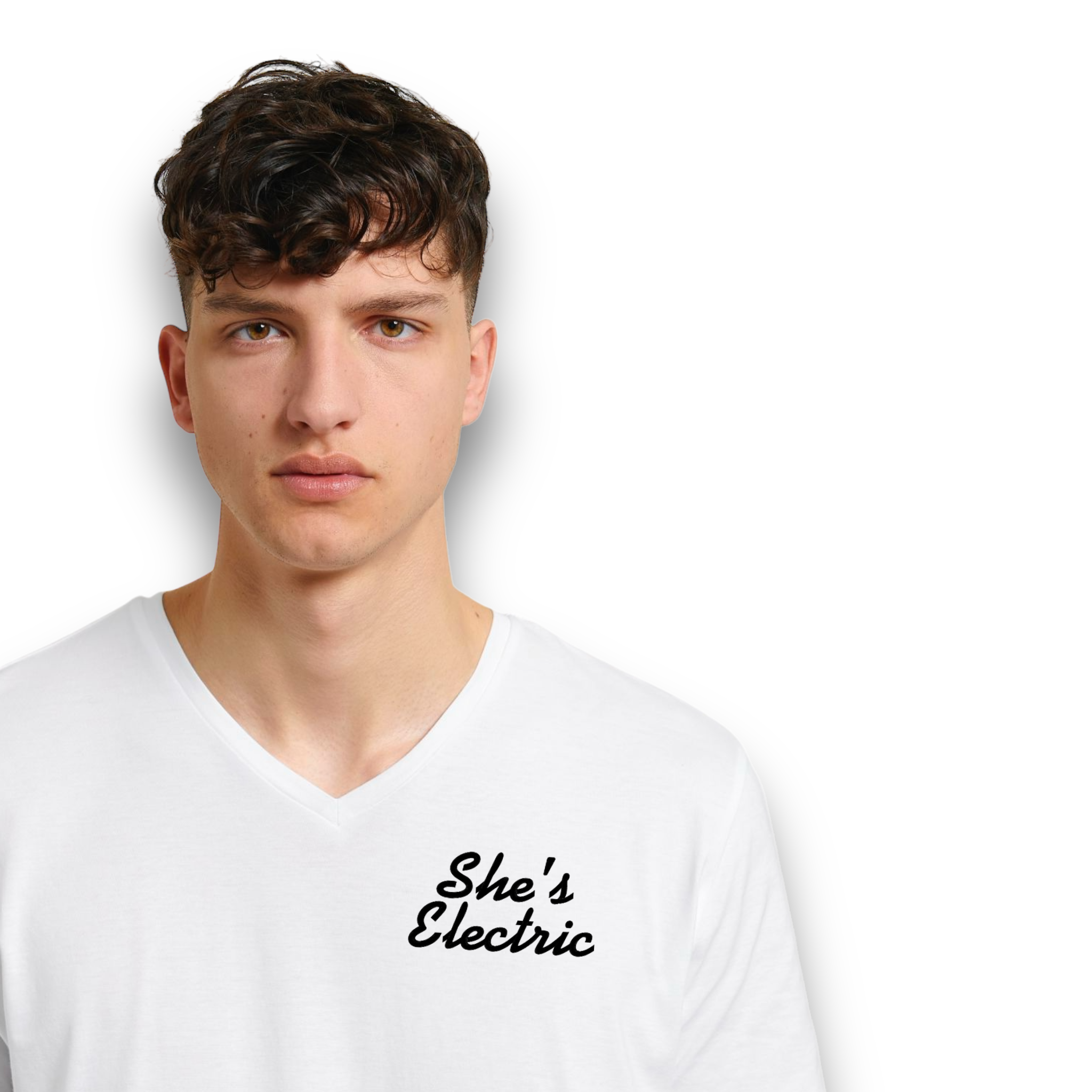 'SHE'S ELECTRIC' left chest embroidered premium organic men's medium fit v-neck 'presenter' t-shirt - inspired by Oasis