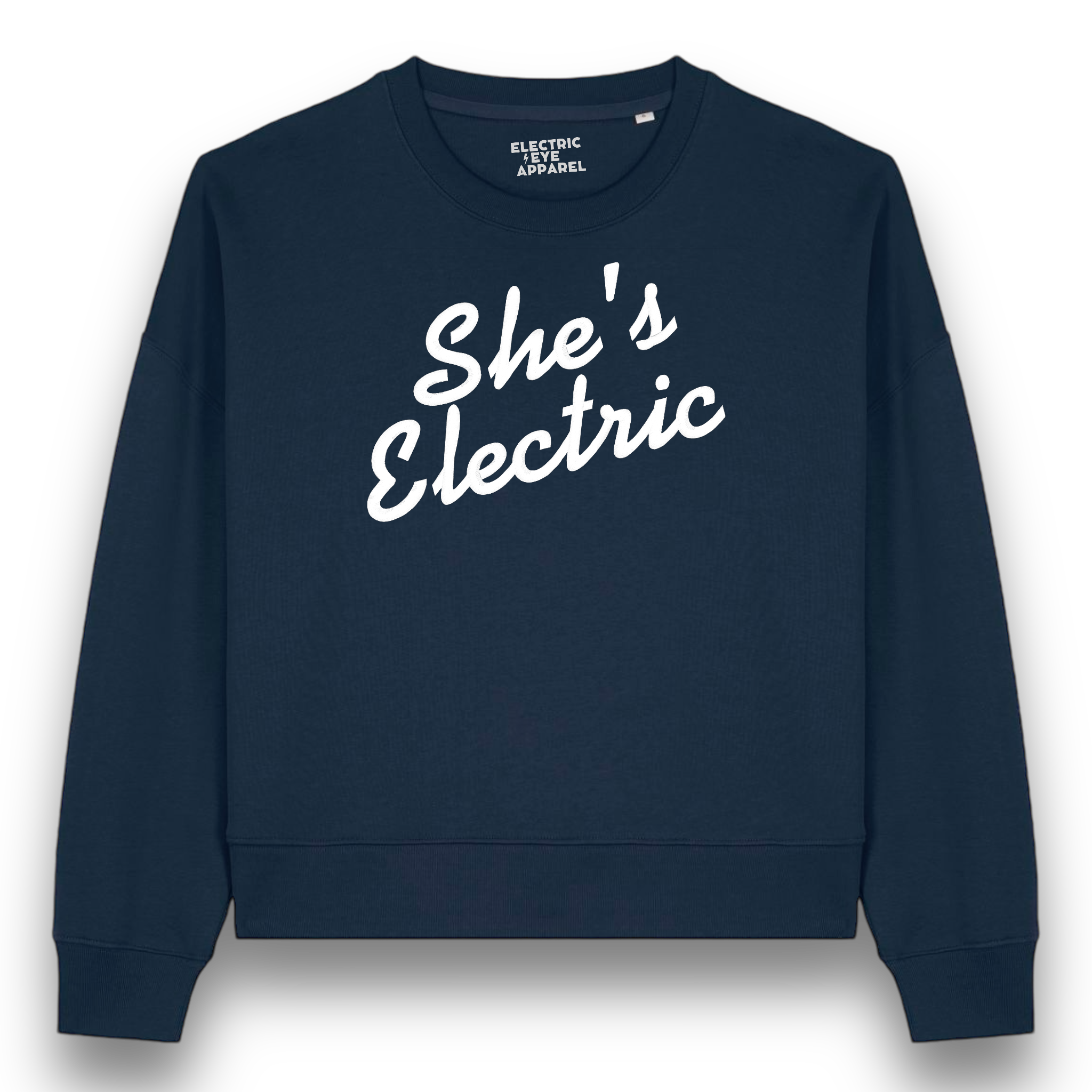 'SHE'S ELECTRIC' embroidered organic women's 90s dropped shoulder 'alma' sweatshirt - inspired by Oasis