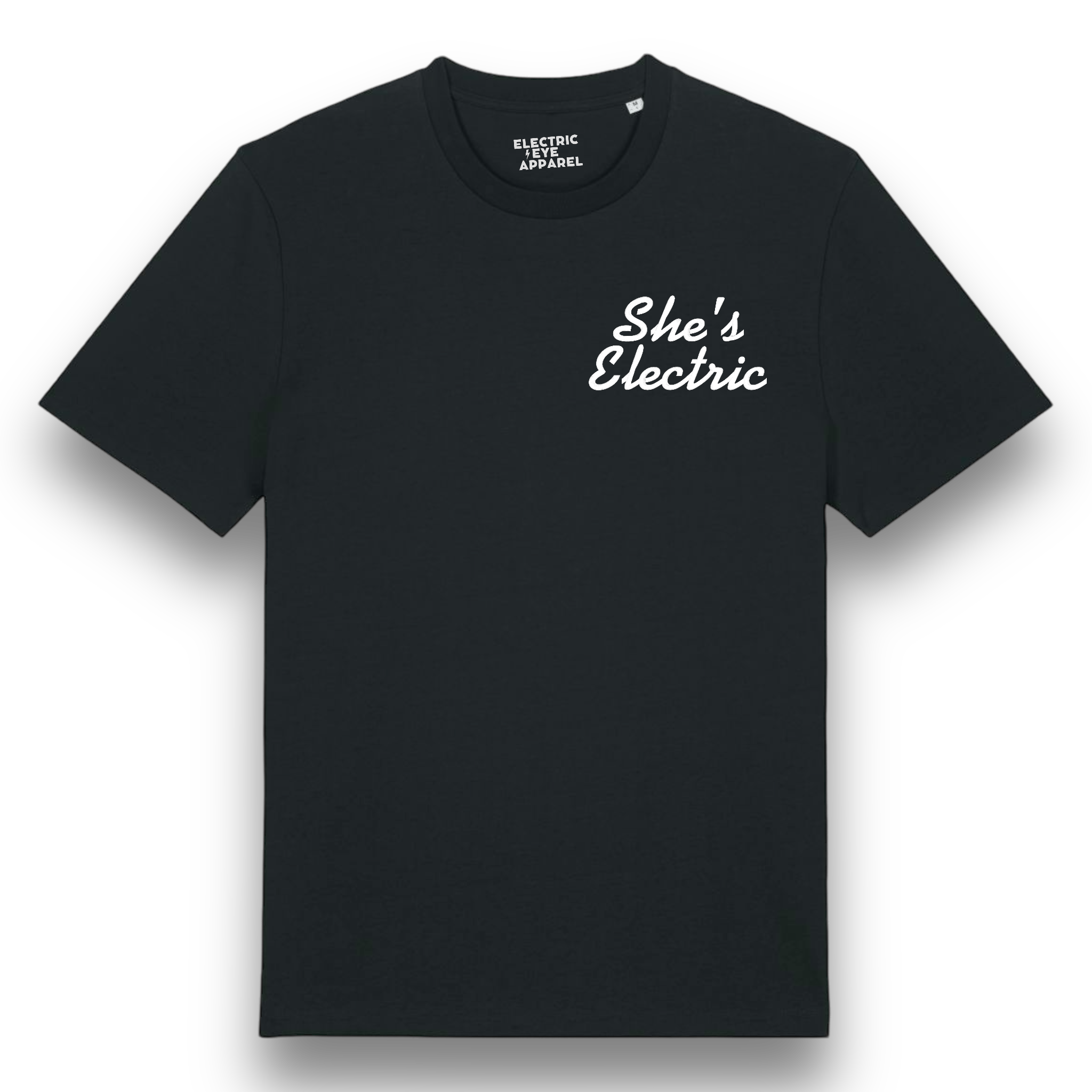 'SHE'S ELECTRIC' left chest embroidered premium organic unisex medium fit 'creator' t-shirt - inspired by Oasis