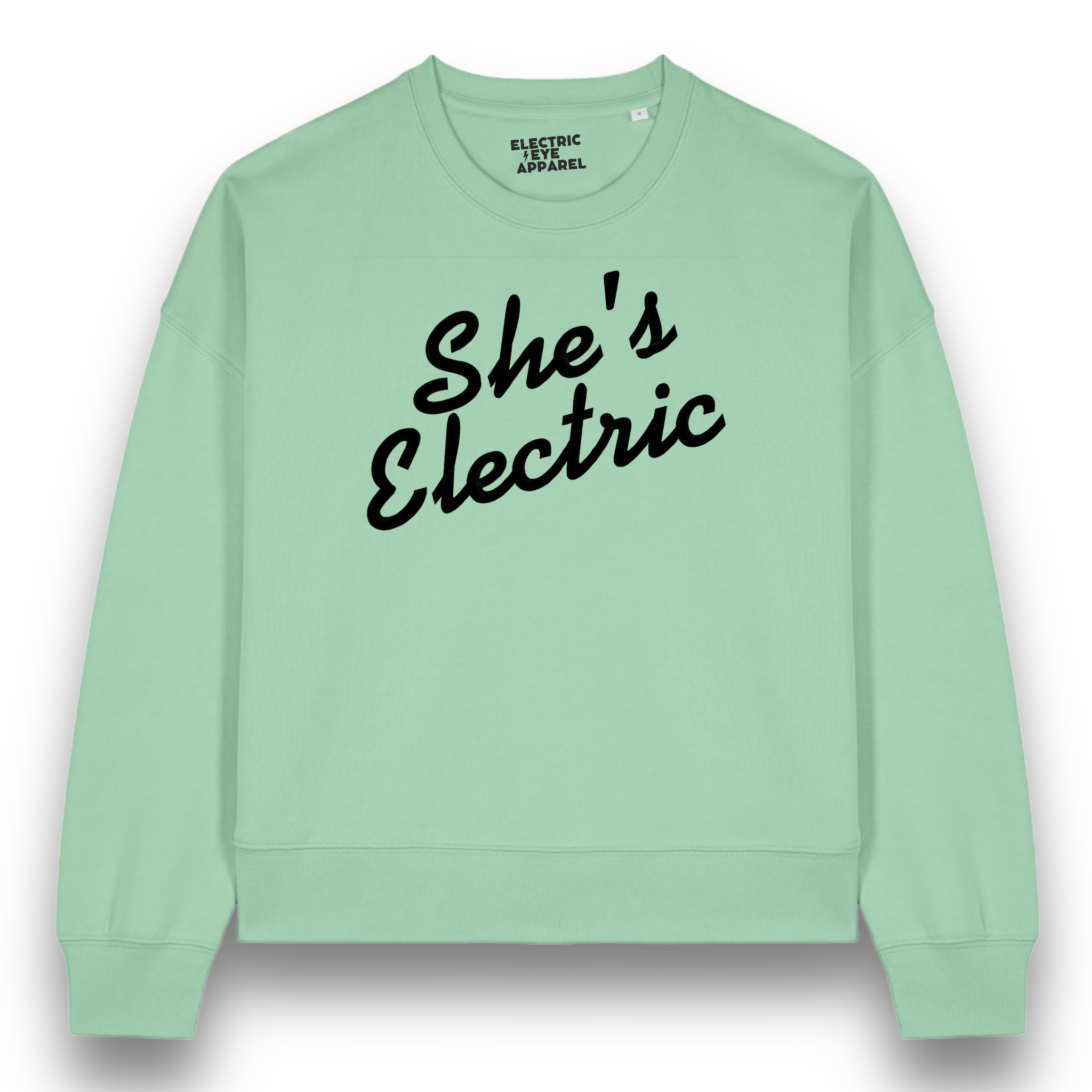 'SHE'S ELECTRIC' embroidered organic women's 90s dropped shoulder 'alma' sweatshirt - inspired by Oasis