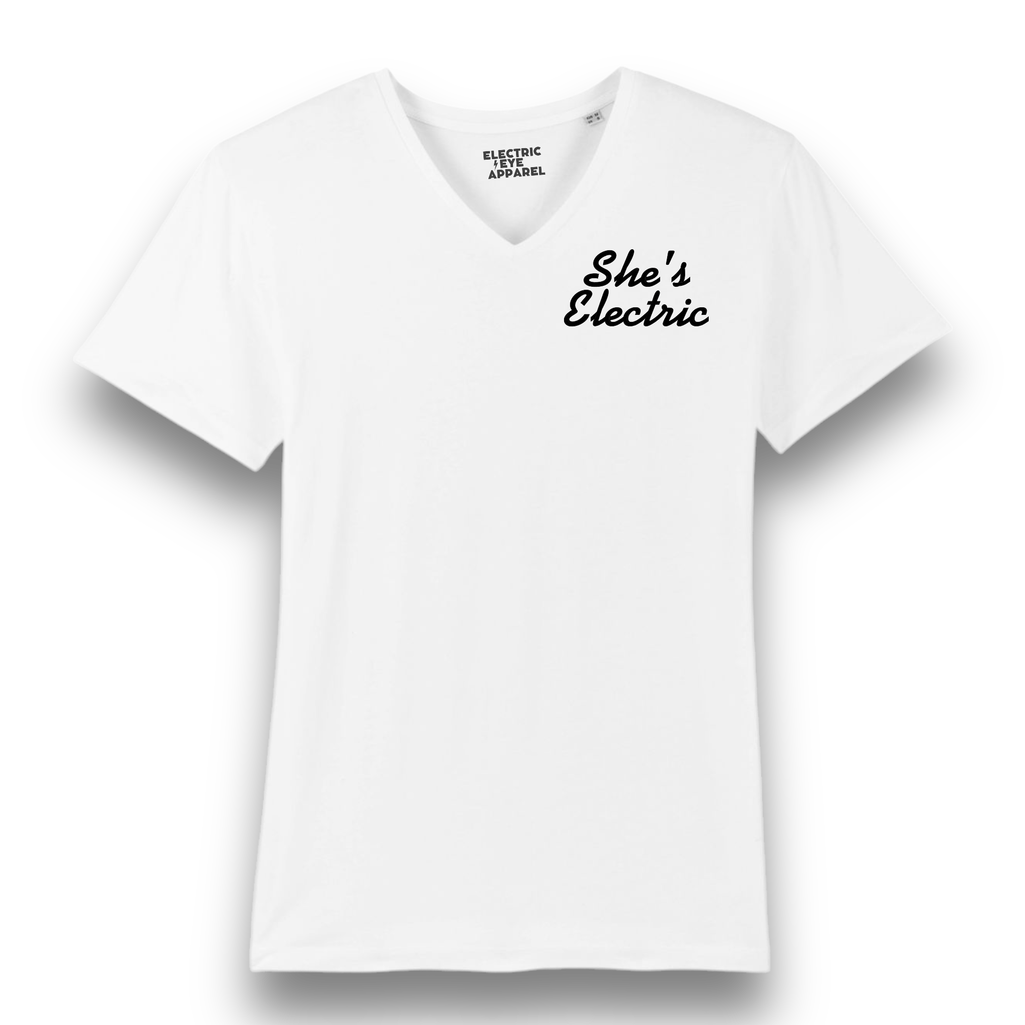 'SHE'S ELECTRIC' left chest embroidered premium organic men's medium fit v-neck 'presenter' t-shirt - inspired by Oasis