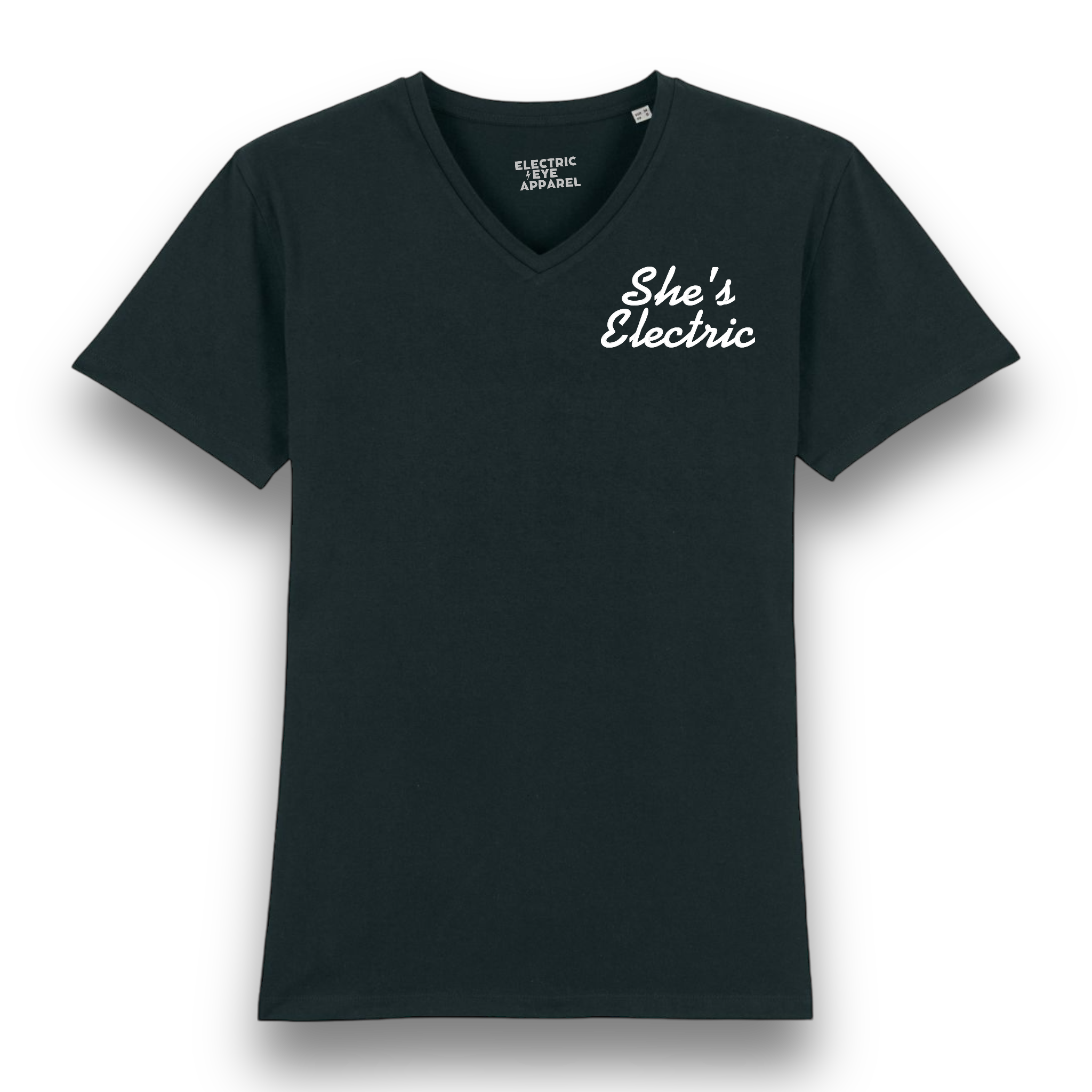 'SHE'S ELECTRIC' left chest embroidered premium organic men's medium fit v-neck 'presenter' t-shirt - inspired by Oasis