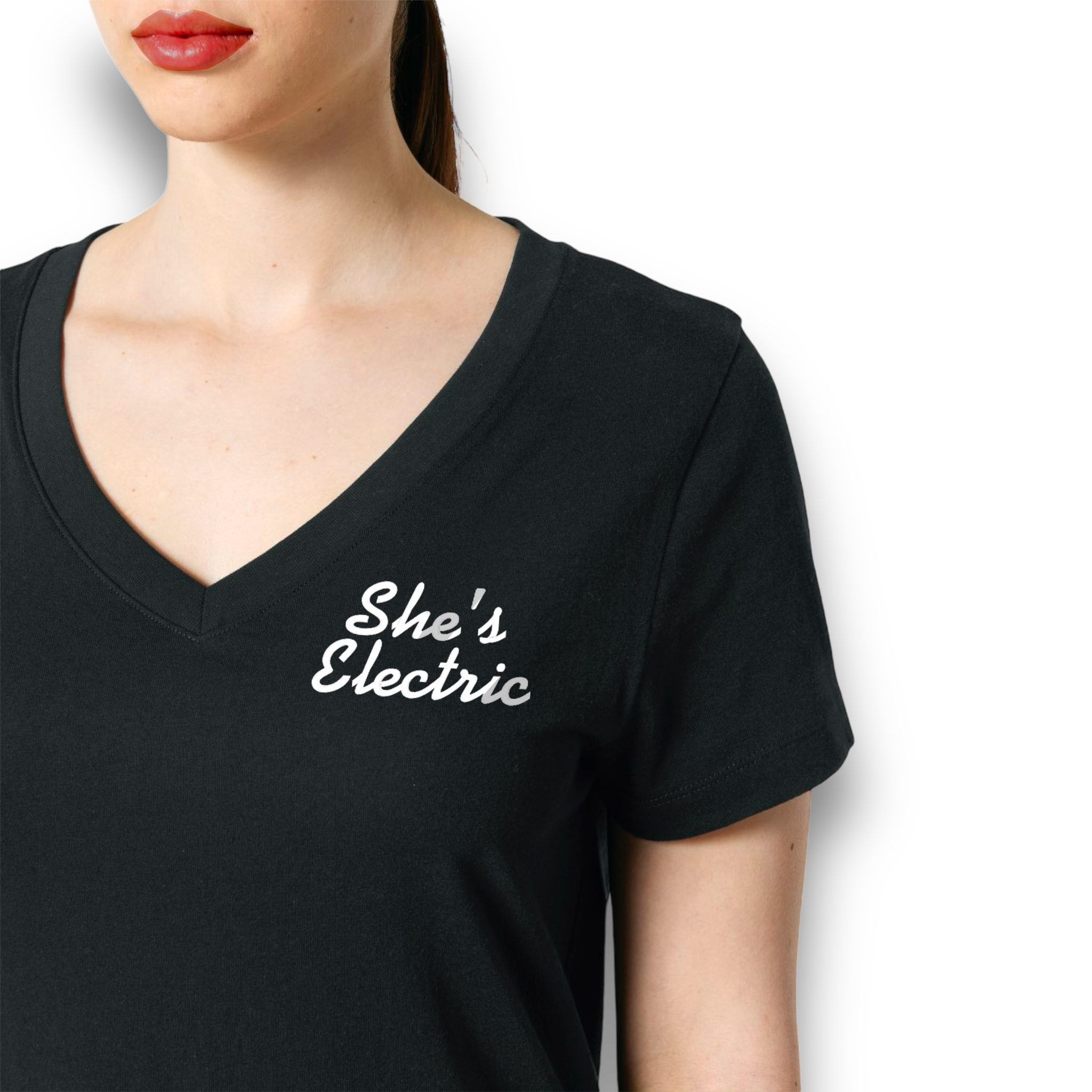 'SHE'S ELECTRIC' left chest embroidered premium organic women's v-neck 'Isla' t-shirt - inspired by Oasis