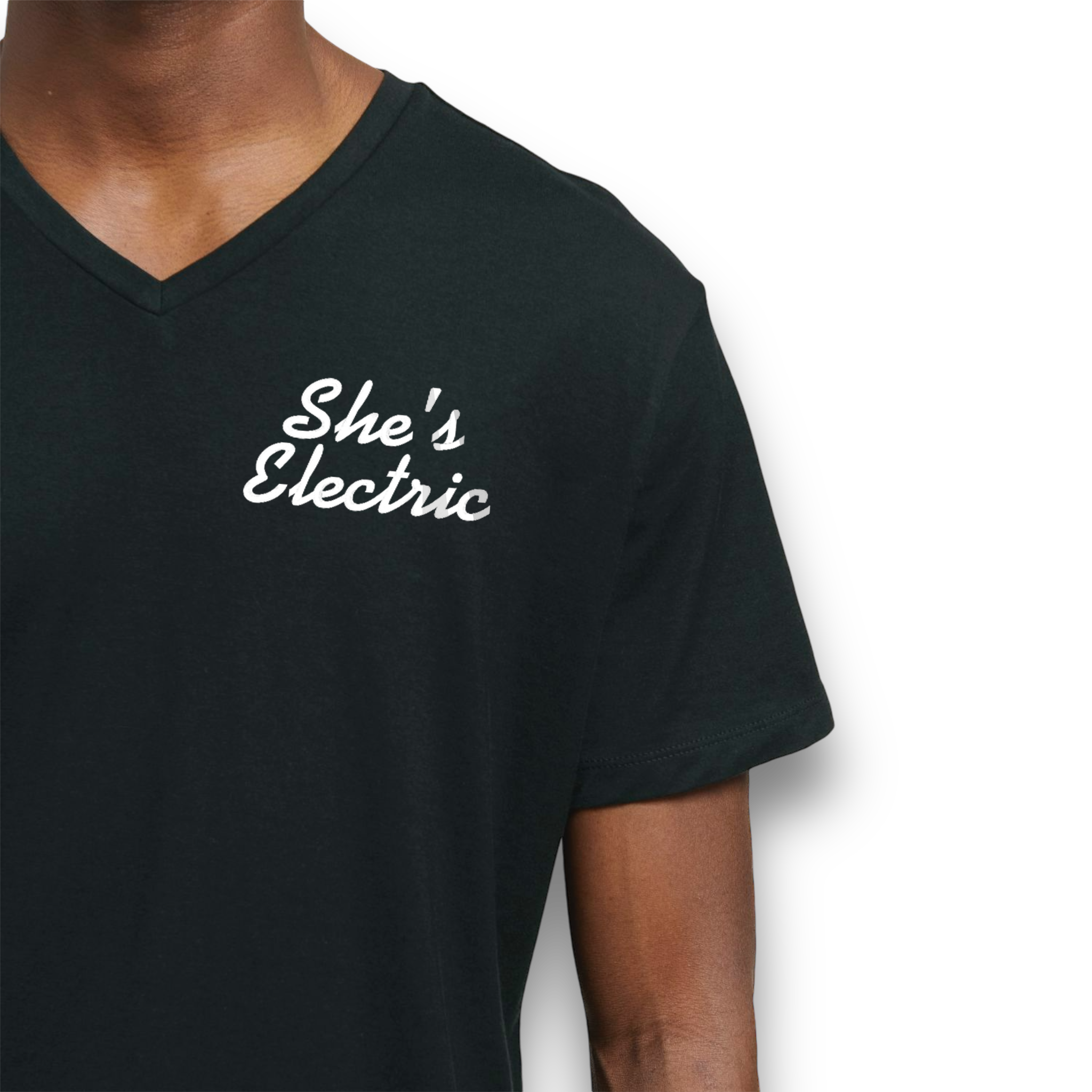 'SHE'S ELECTRIC' left chest embroidered premium organic men's medium fit v-neck 'presenter' t-shirt - inspired by Oasis