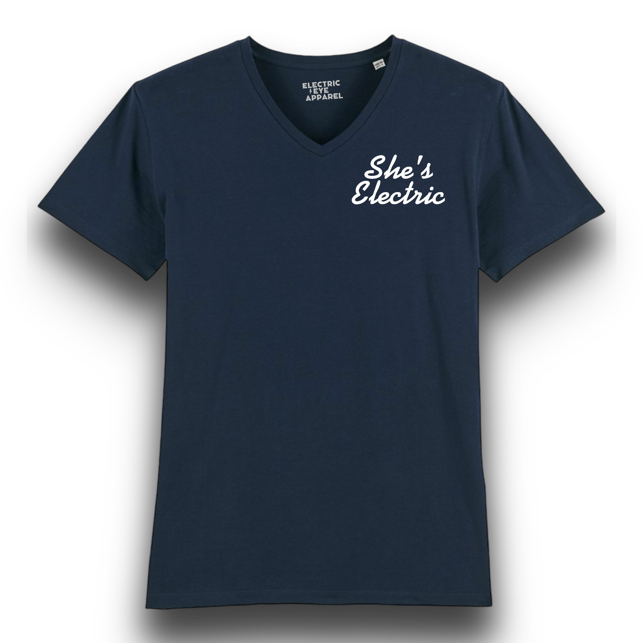 'SHE'S ELECTRIC' left chest embroidered premium organic men's medium fit v-neck 'presenter' t-shirt - inspired by Oasis