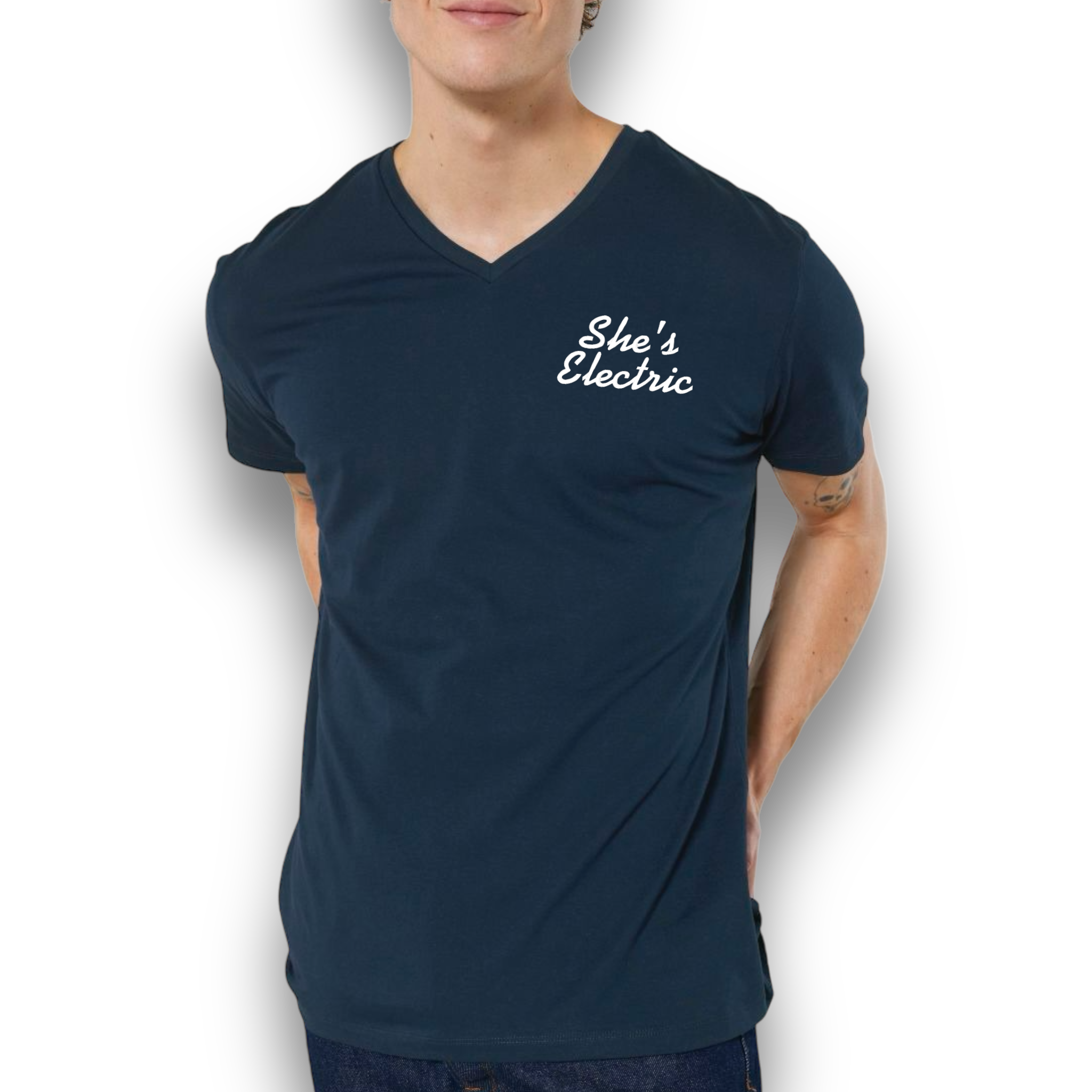 'SHE'S ELECTRIC' left chest embroidered premium organic men's medium fit v-neck 'presenter' t-shirt - inspired by Oasis