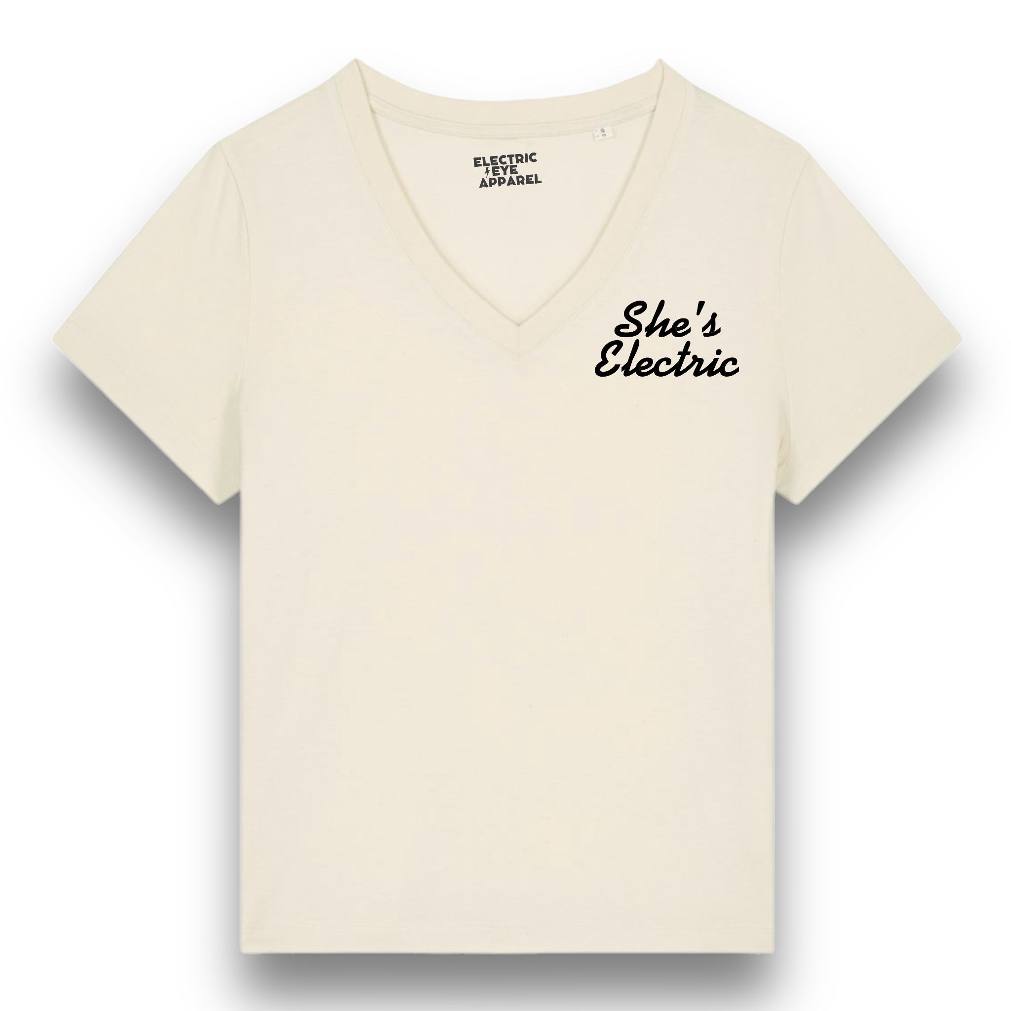 'SHE'S ELECTRIC' left chest embroidered premium organic women's v-neck 'Isla' t-shirt - inspired by Oasis