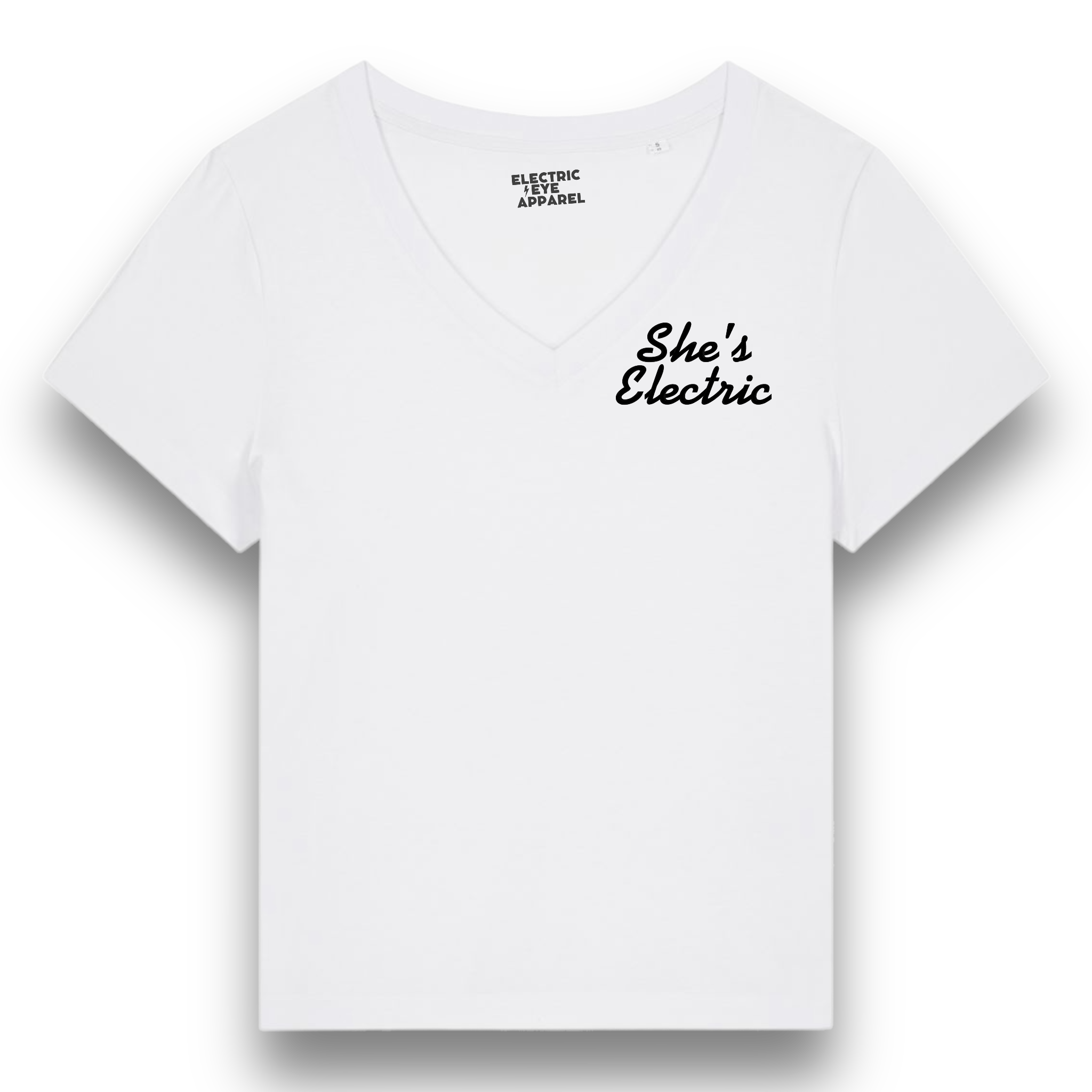 'SHE'S ELECTRIC' left chest embroidered premium organic women's v-neck 'Isla' t-shirt - inspired by Oasis