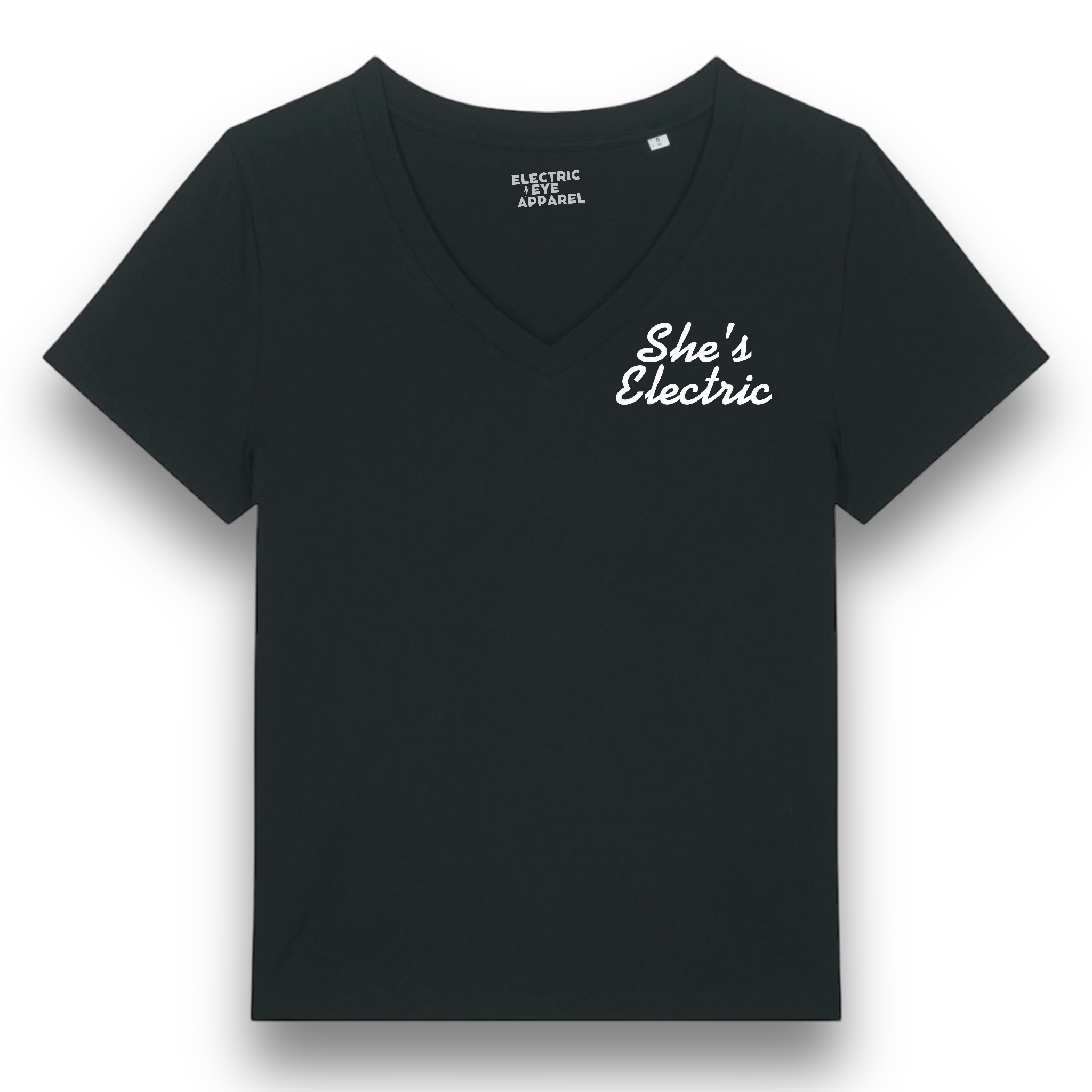 'SHE'S ELECTRIC' left chest embroidered premium organic women's v-neck 'Isla' t-shirt - inspired by Oasis