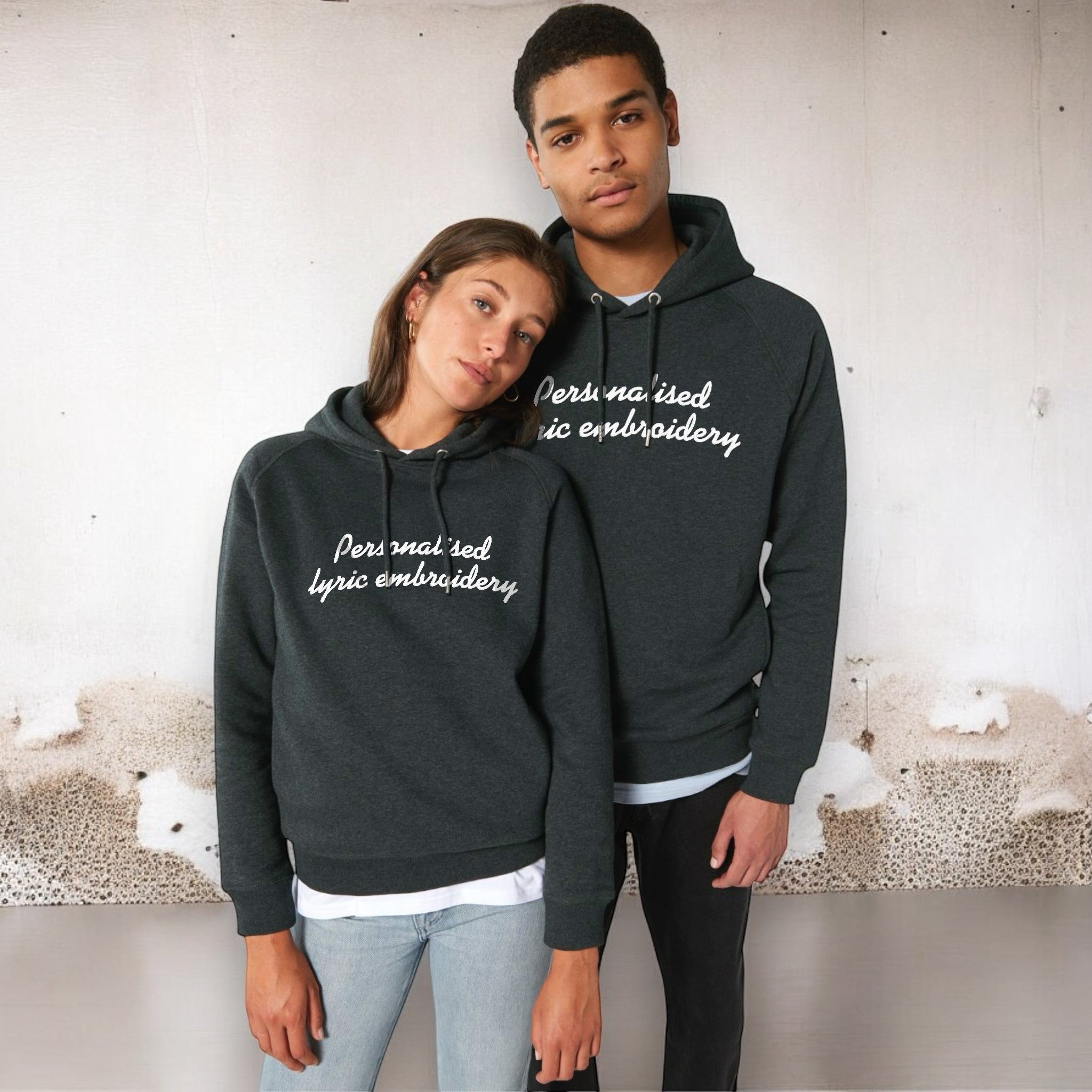 Personalised Lyric Centre Chest Embroidered premium organic unisex side pocket 'Sider' hoodie - choose your own lyrics, font and thread colour