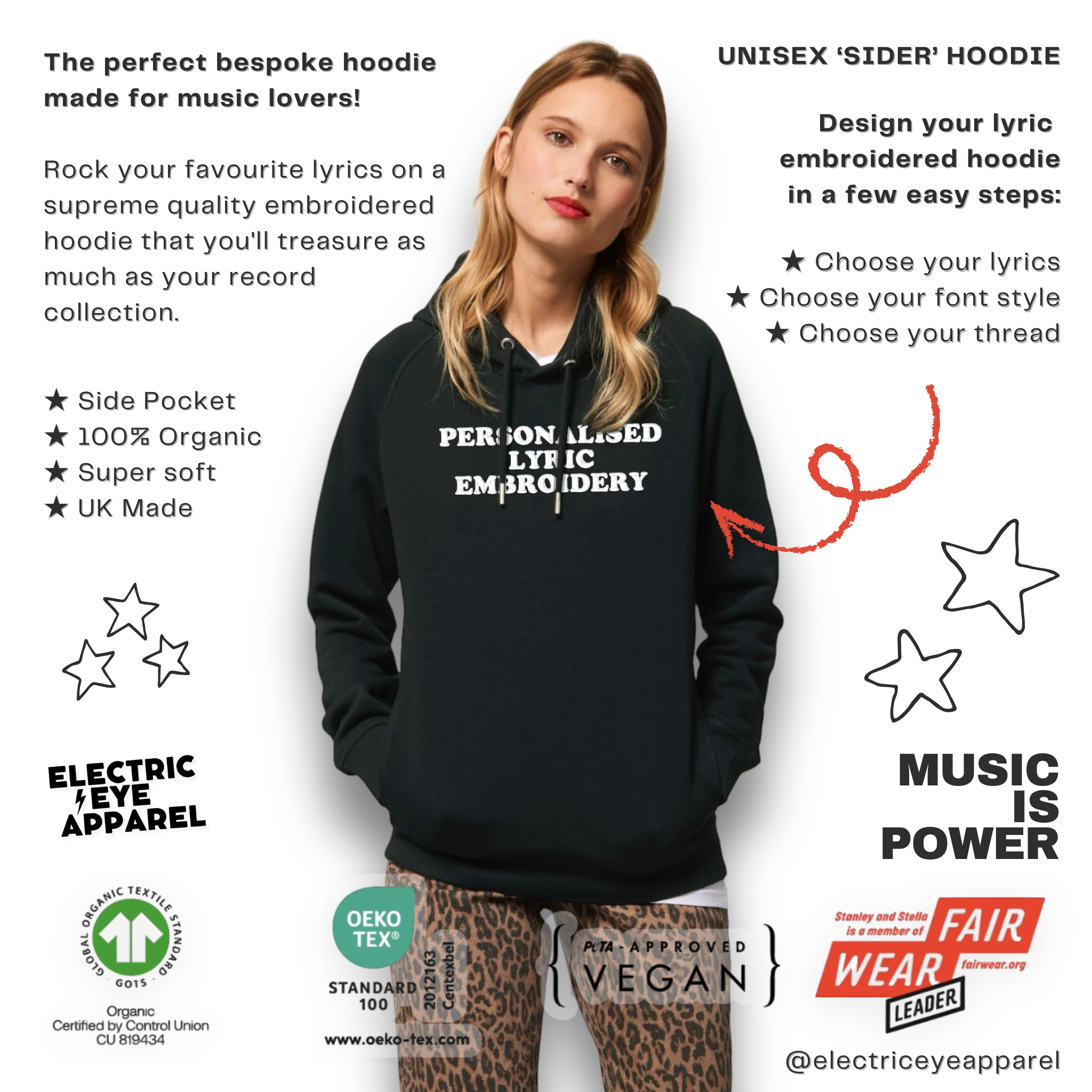 Personalised Lyric Centre Chest Embroidered premium organic unisex side pocket 'Sider' hoodie - choose your own lyrics, font and thread colour